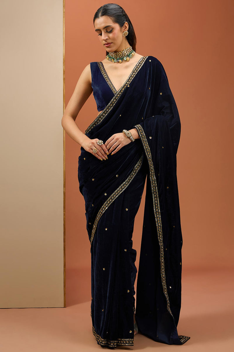 CY Esha Koul Blue Velvet Saree Set Front 1