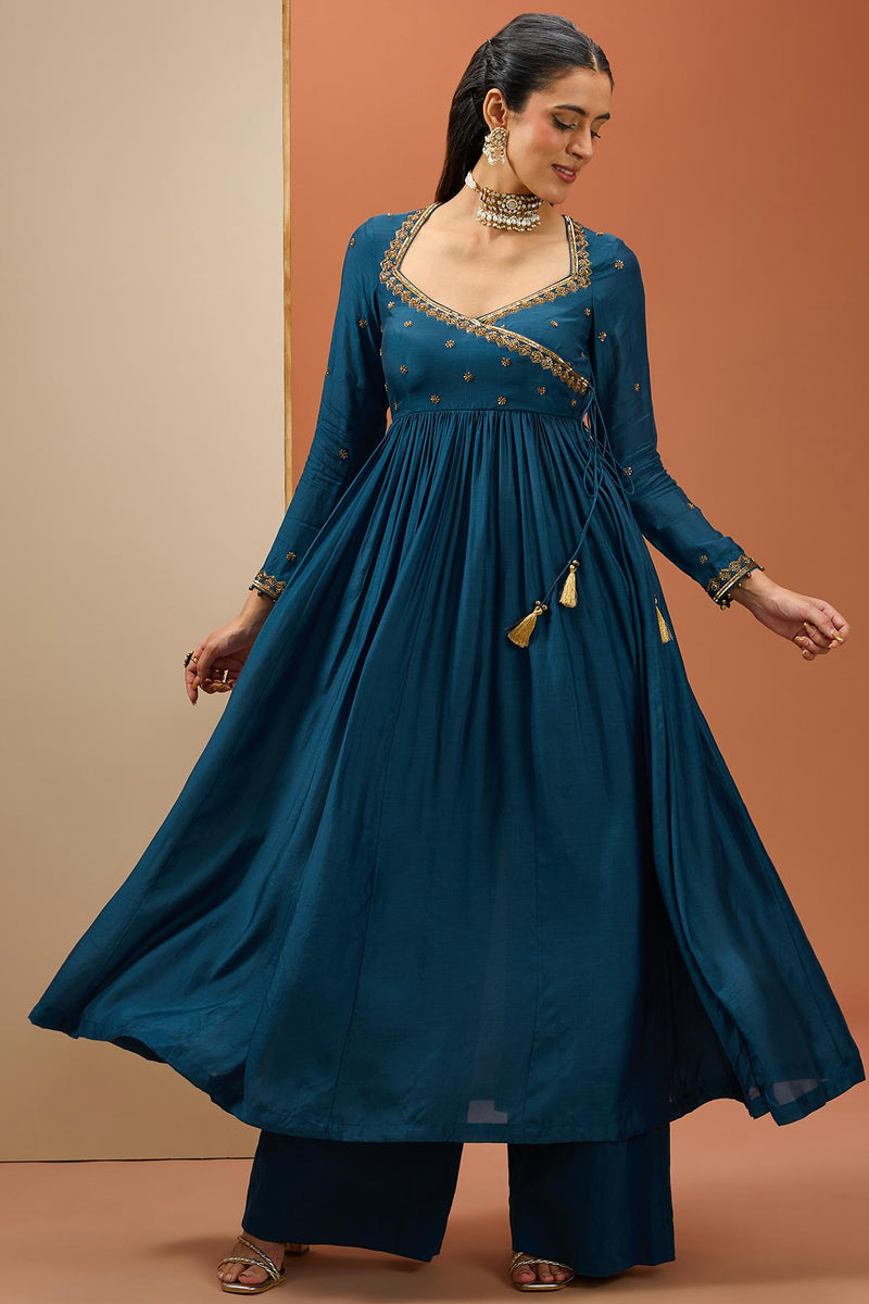 CY Esha Koul Blue Angrakha Anarkali Set Front 3