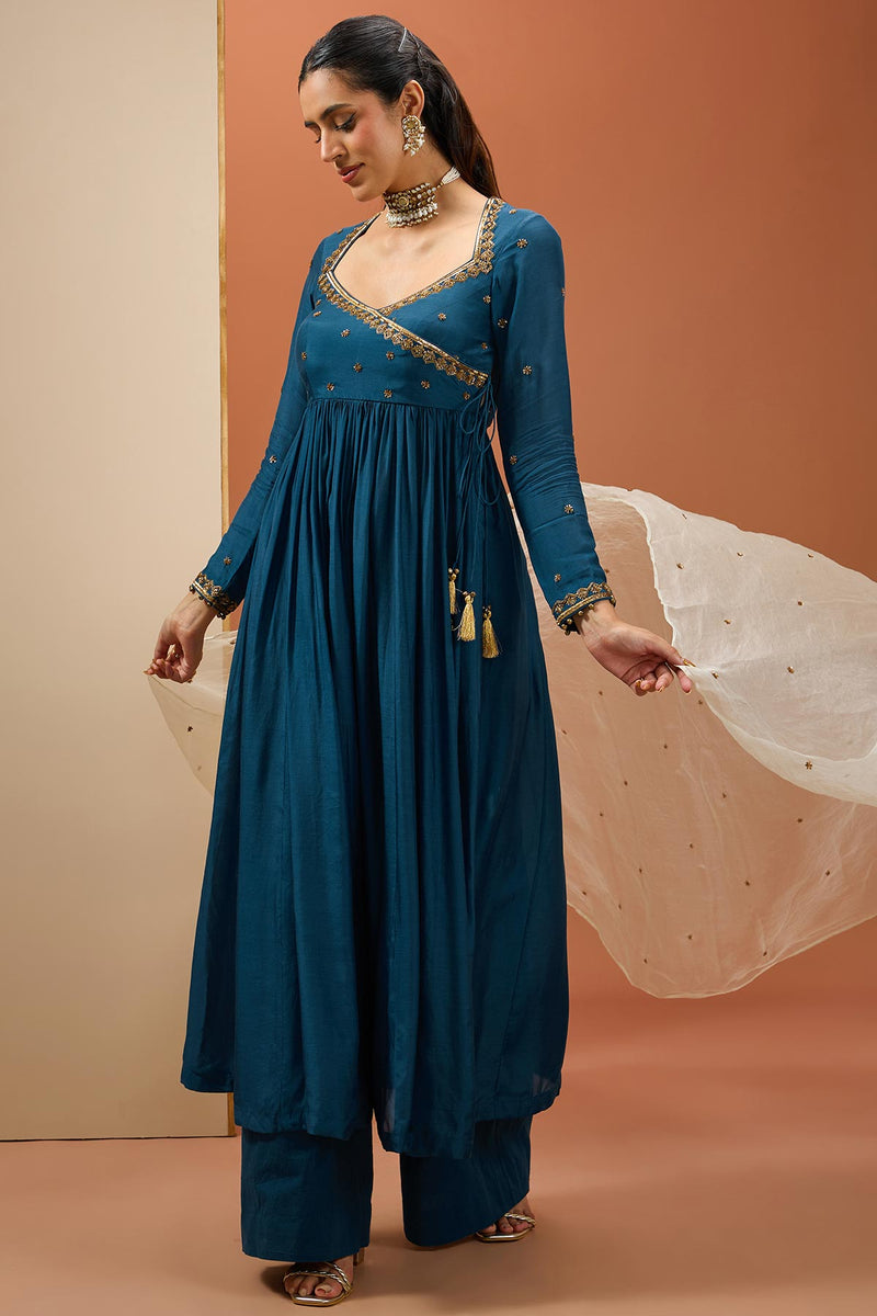 CY Esha Koul Blue Angrakha Anarkali Set Front 1