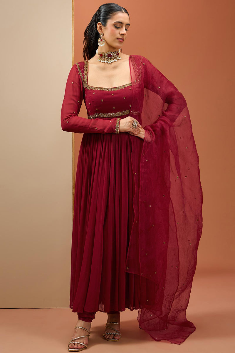 CY Esha Koul Mehroon Anarkali Set Front 1