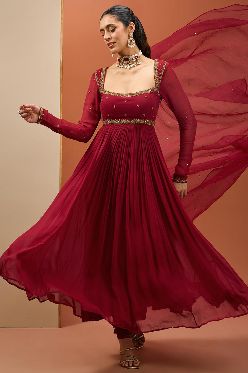 CY Esha Koul Mehroon Anarkali Set Front 2