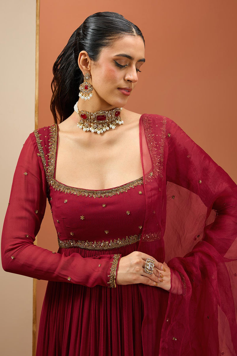 CY Esha Koul Mehroon Anarkali Set Closeup 1