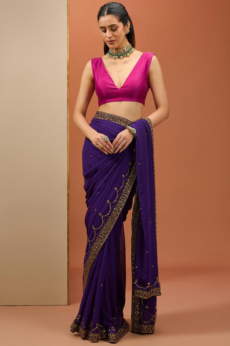 CY Esha Deep Purple Saree Set Front 2