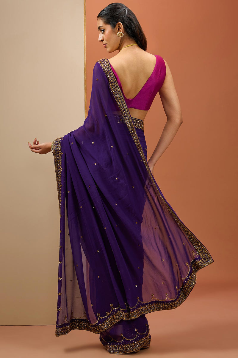 CY Esha Deep Purple Saree Set Back 1