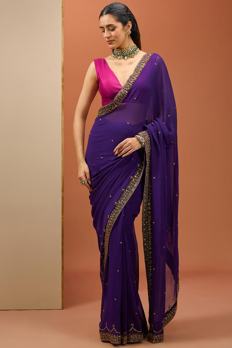 CY Esha Deep Purple Saree Set Front 1