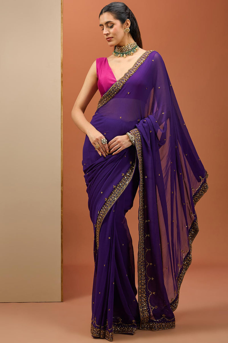 CY Esha Deep Purple Saree Set Closeup 1