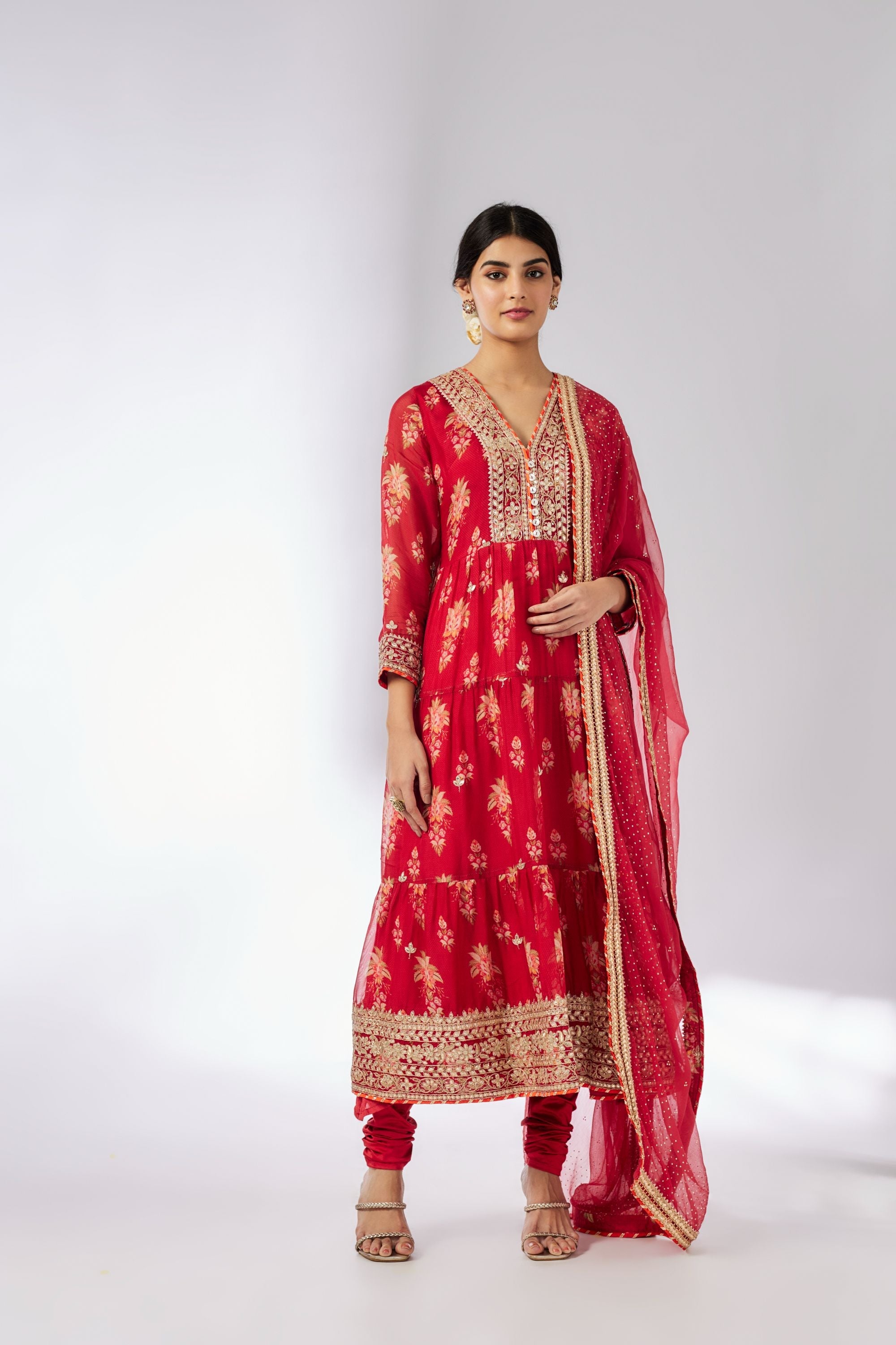 Joshna Tiered Red Anarkali Set