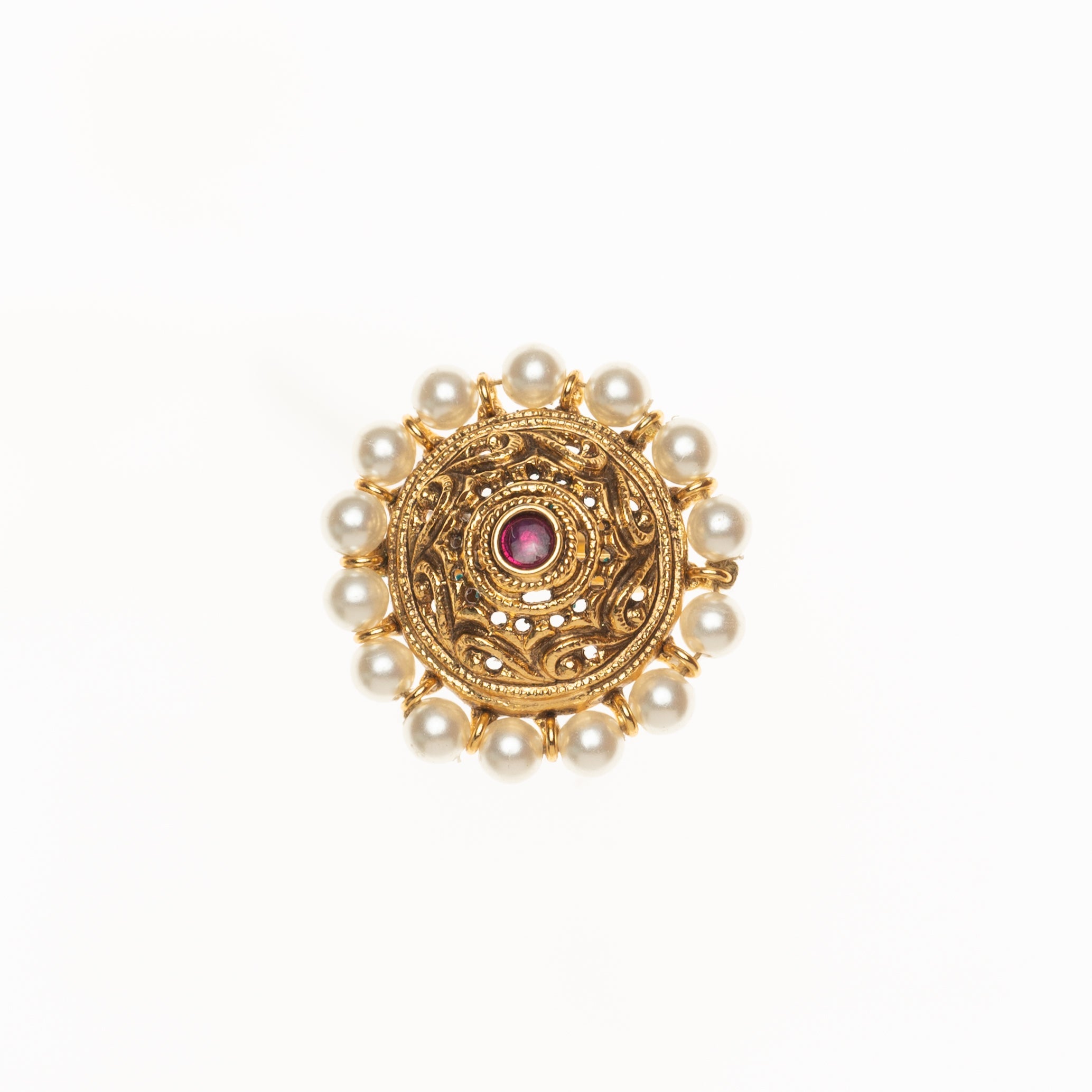 CY Gold Finish Synthetic Ruby & Pearls Ring 