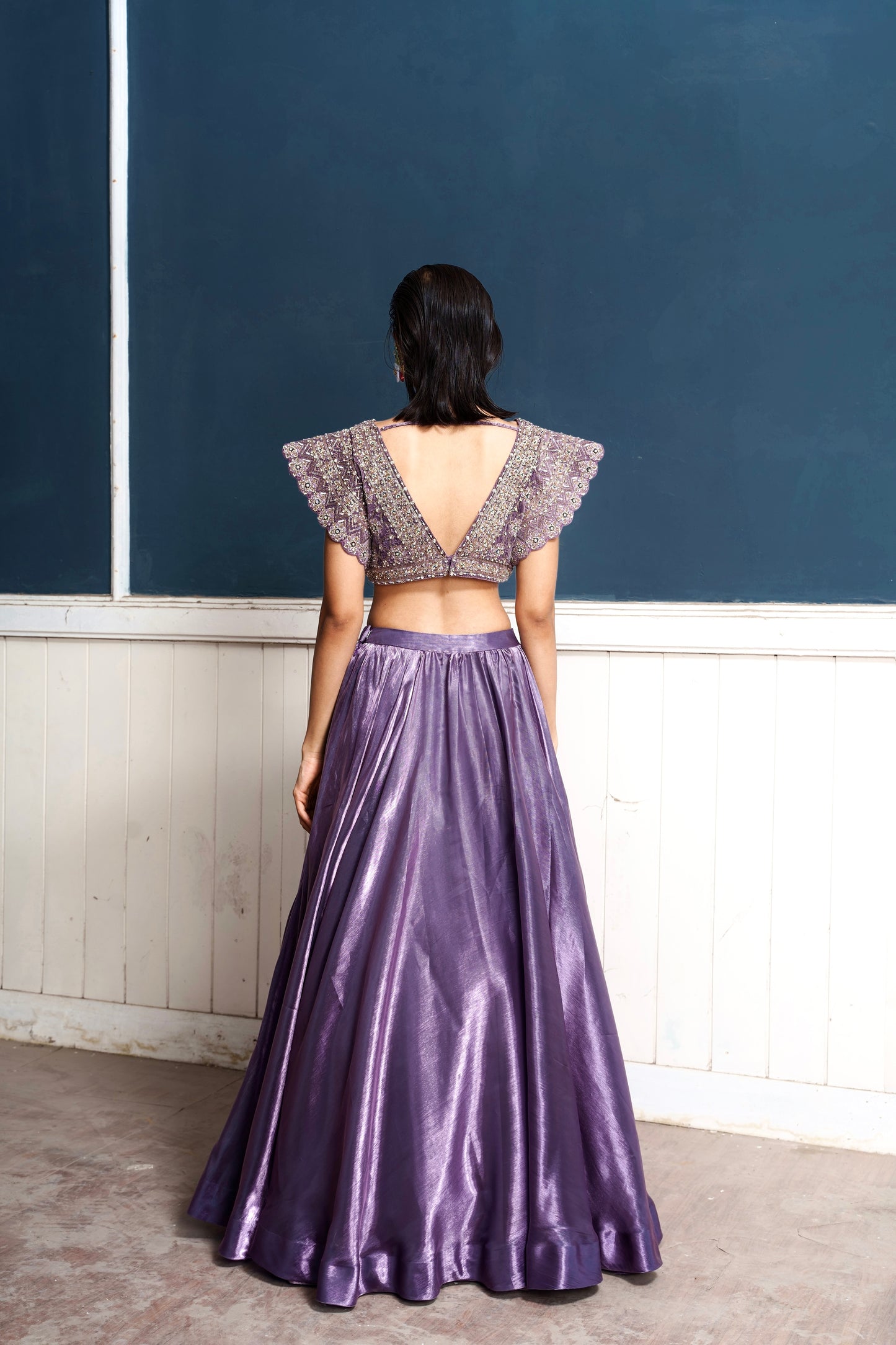 Caelum-Nakshatra Light Metallic Purple Hand Embroidered Lehenga