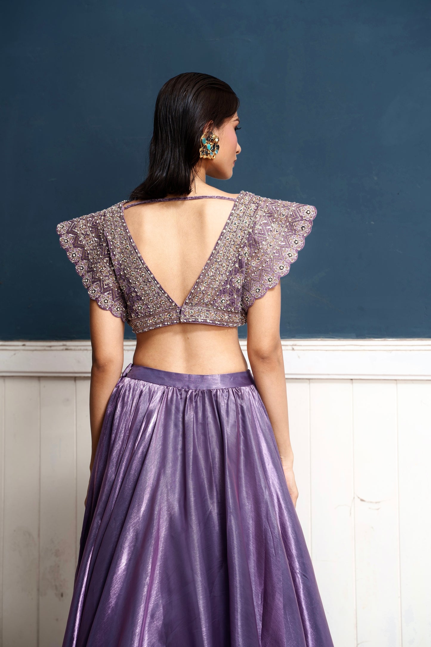 Caelum-Nakshatra Light Metallic Purple Hand Embroidered Lehenga