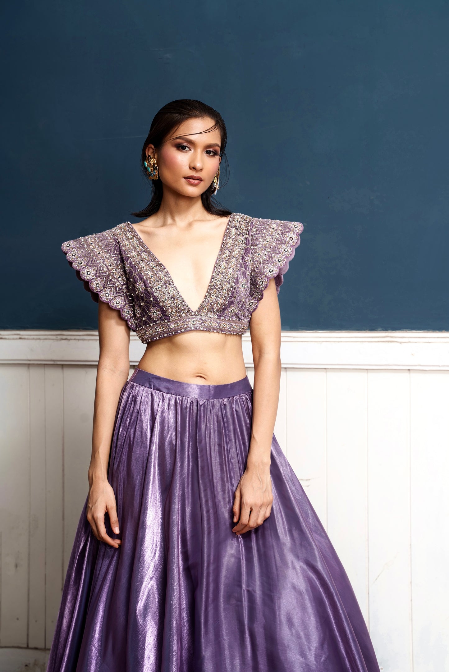 Caelum-Nakshatra Light Metallic Purple Hand Embroidered Lehenga