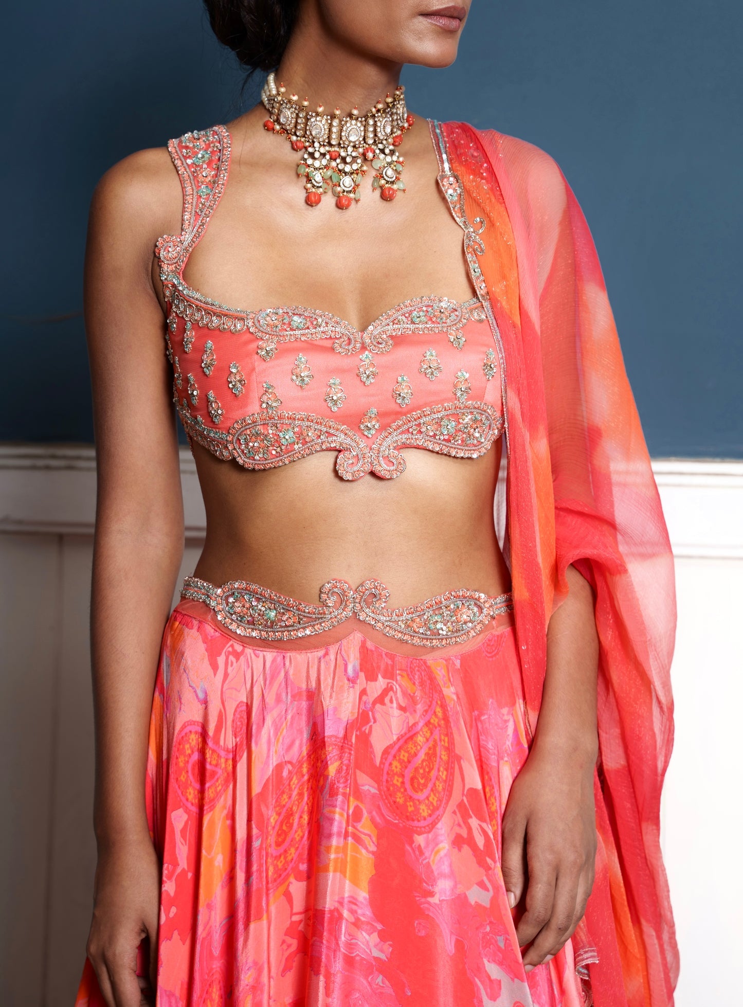 Paisley Embroidered Fiery Rose Printed Lehenga Set