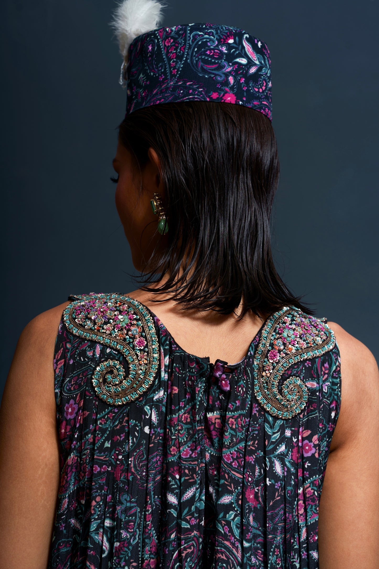 Paisley Embroidered Midnight Printed Palazzo Suit Dress