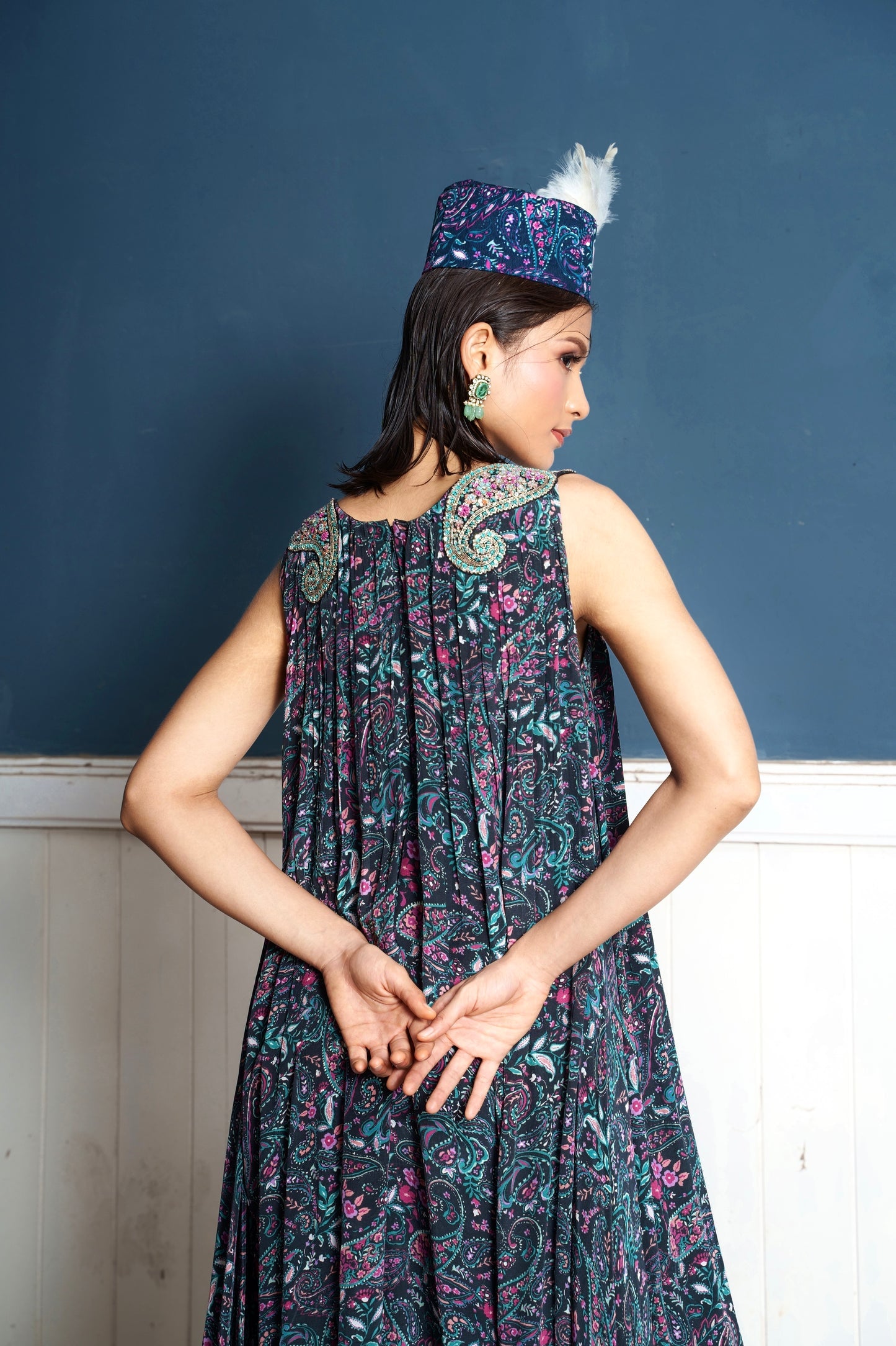 Paisley Embroidered Midnight Printed Palazzo Suit Dress