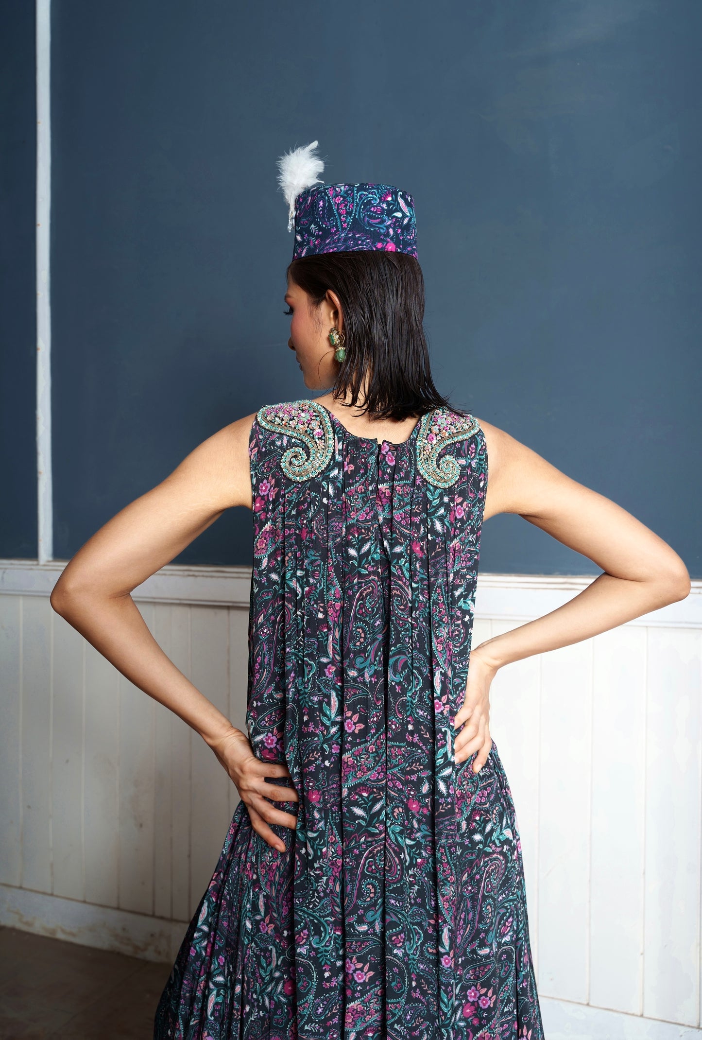 Paisley Embroidered Midnight Printed Palazzo Suit Dress