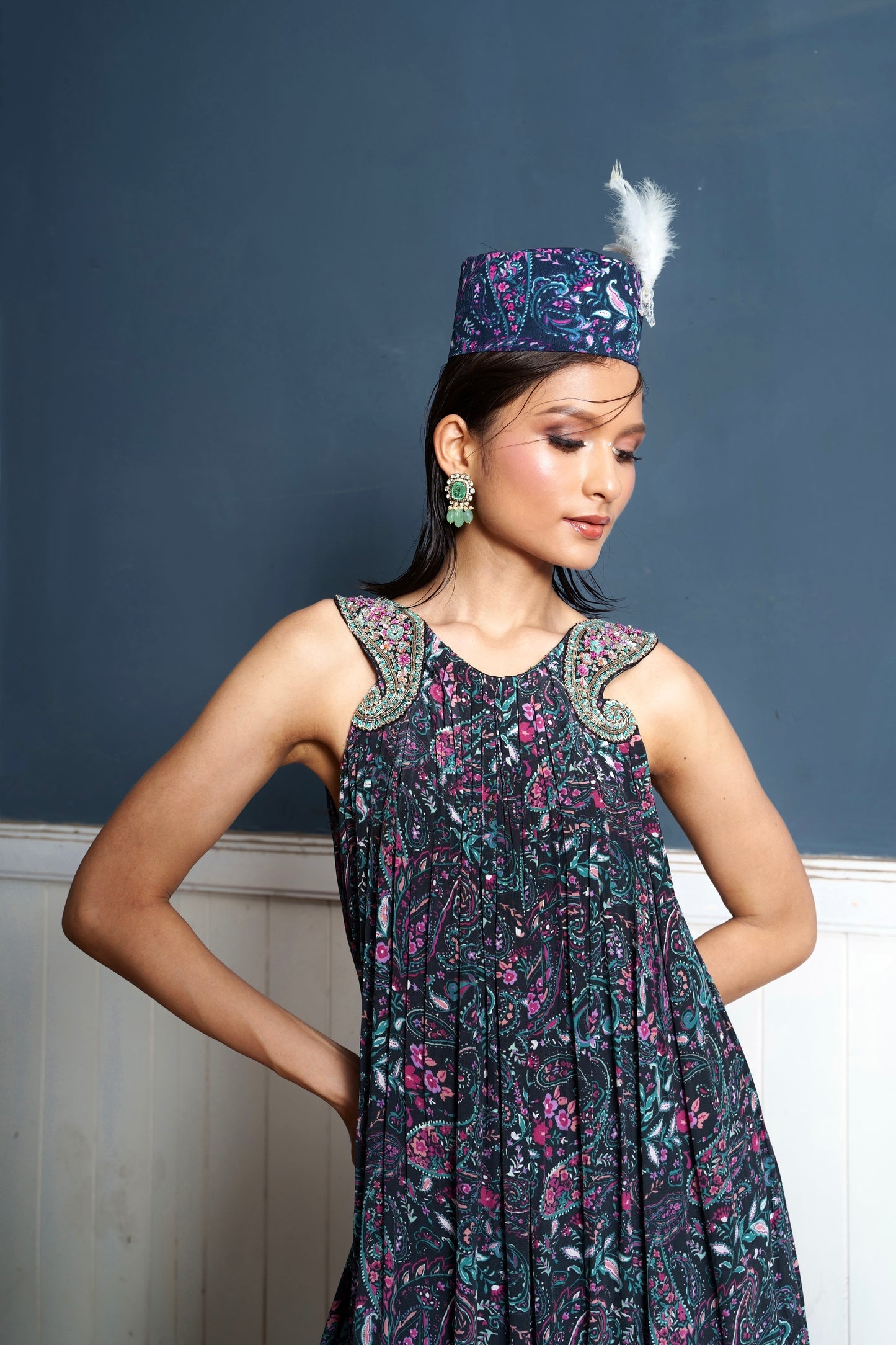 Paisley Embroidered Midnight Printed Palazzo Suit Dress