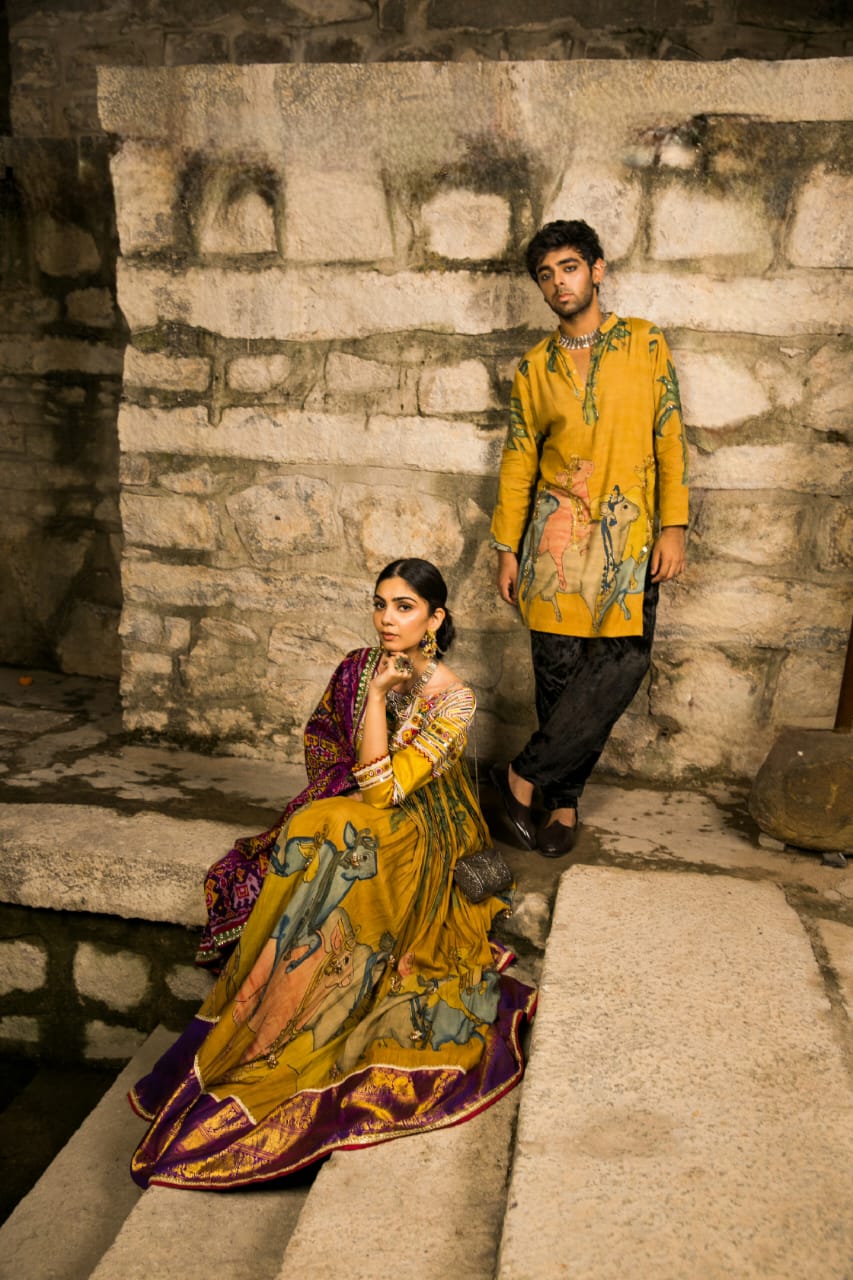 Nazaakat-Marigold Yellow Kalamkari Anarkali Set