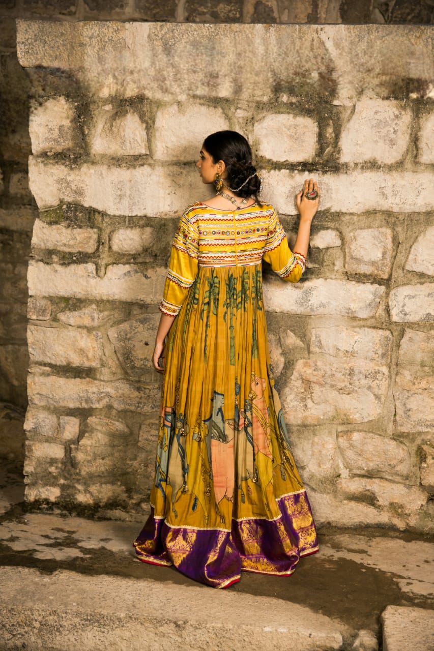 Nazaakat-Marigold Yellow Kalamkari Anarkali Set