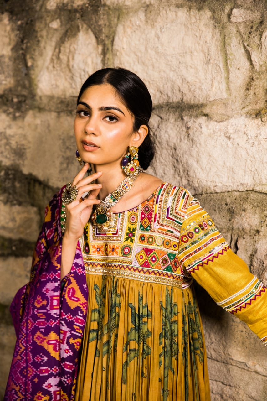 Nazaakat-Marigold Yellow Kalamkari Anarkali Set