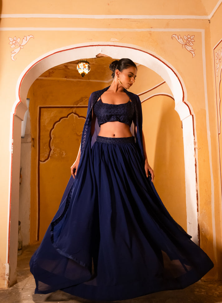 Dia Navy Blue Detailed Lehenga Shrug Set