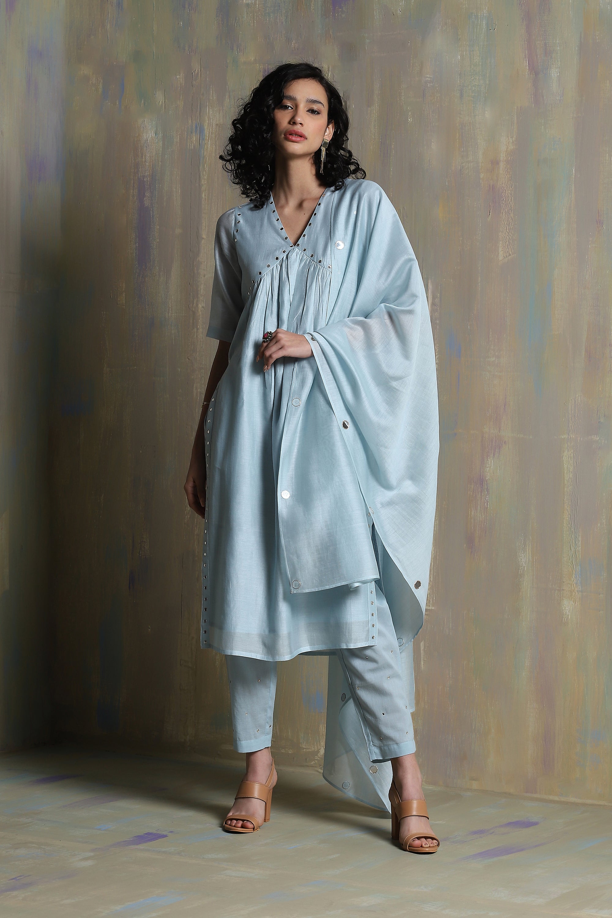 CY Charkhee Cool Blue Slit Kurta Front 1