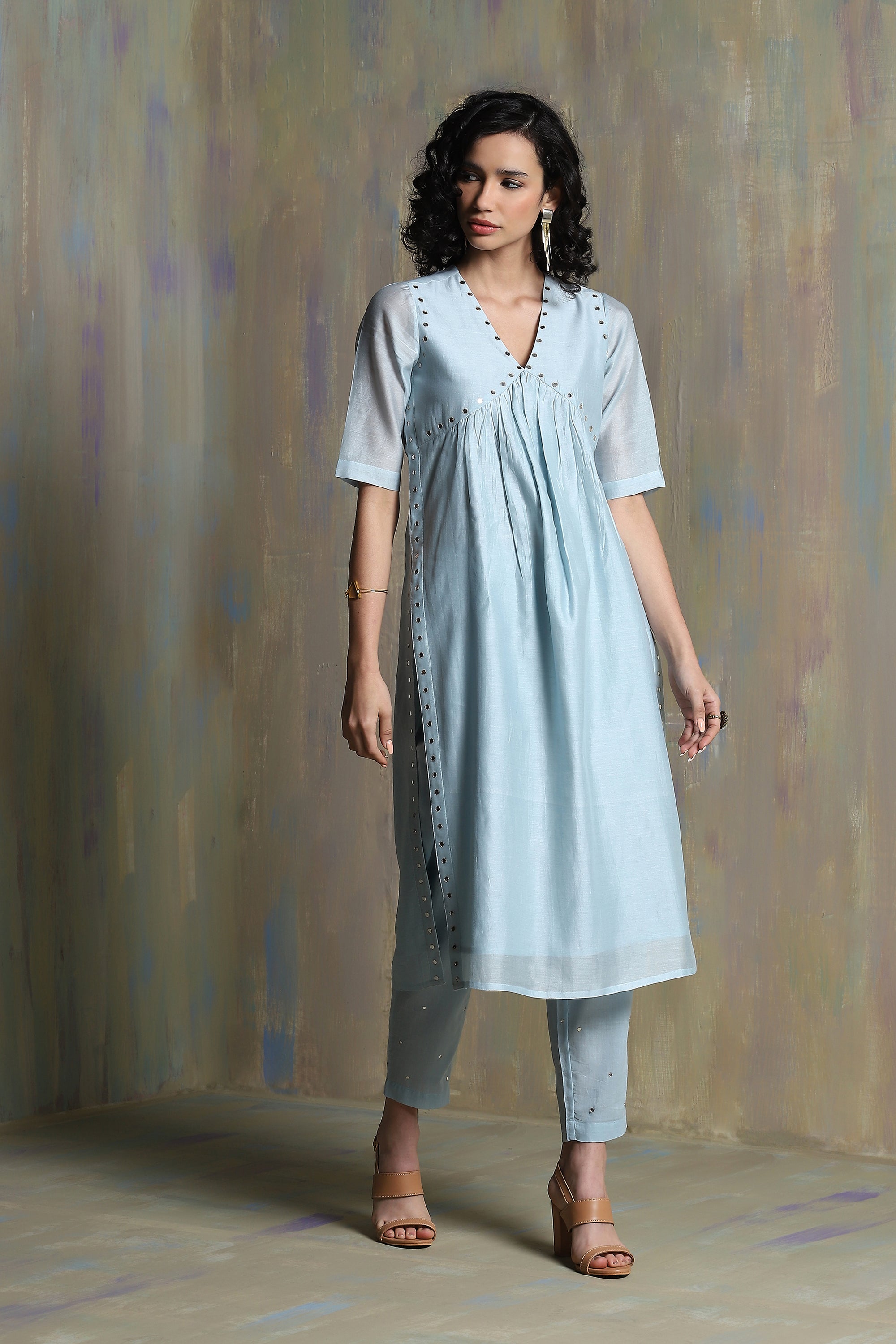 CY Charkhee Cool Blue High Slit Kurta Front 2