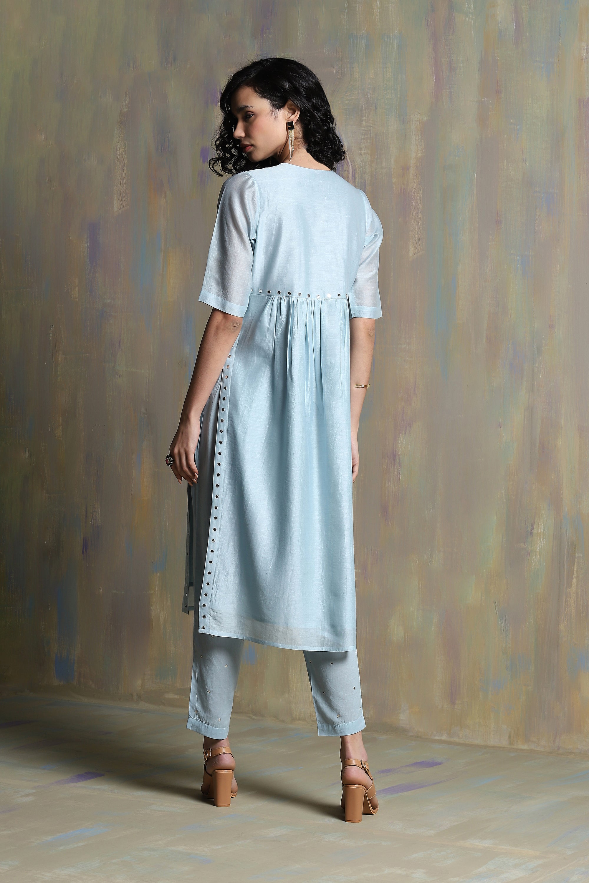 CY Charkhee Cool Blue High Slit Kurta Back 1