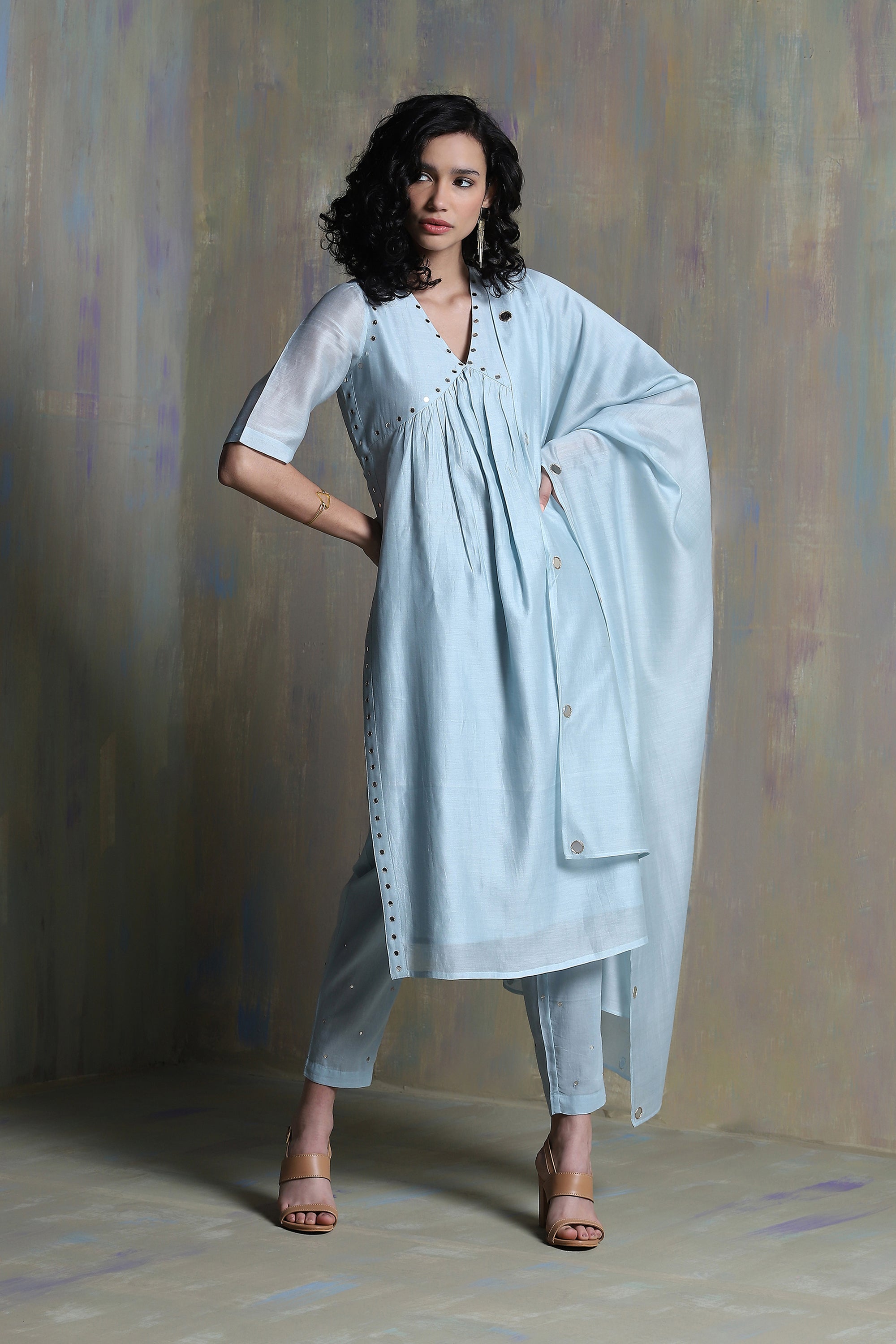 CY Charkhee Cool Blue High Slit Kurta Front 3