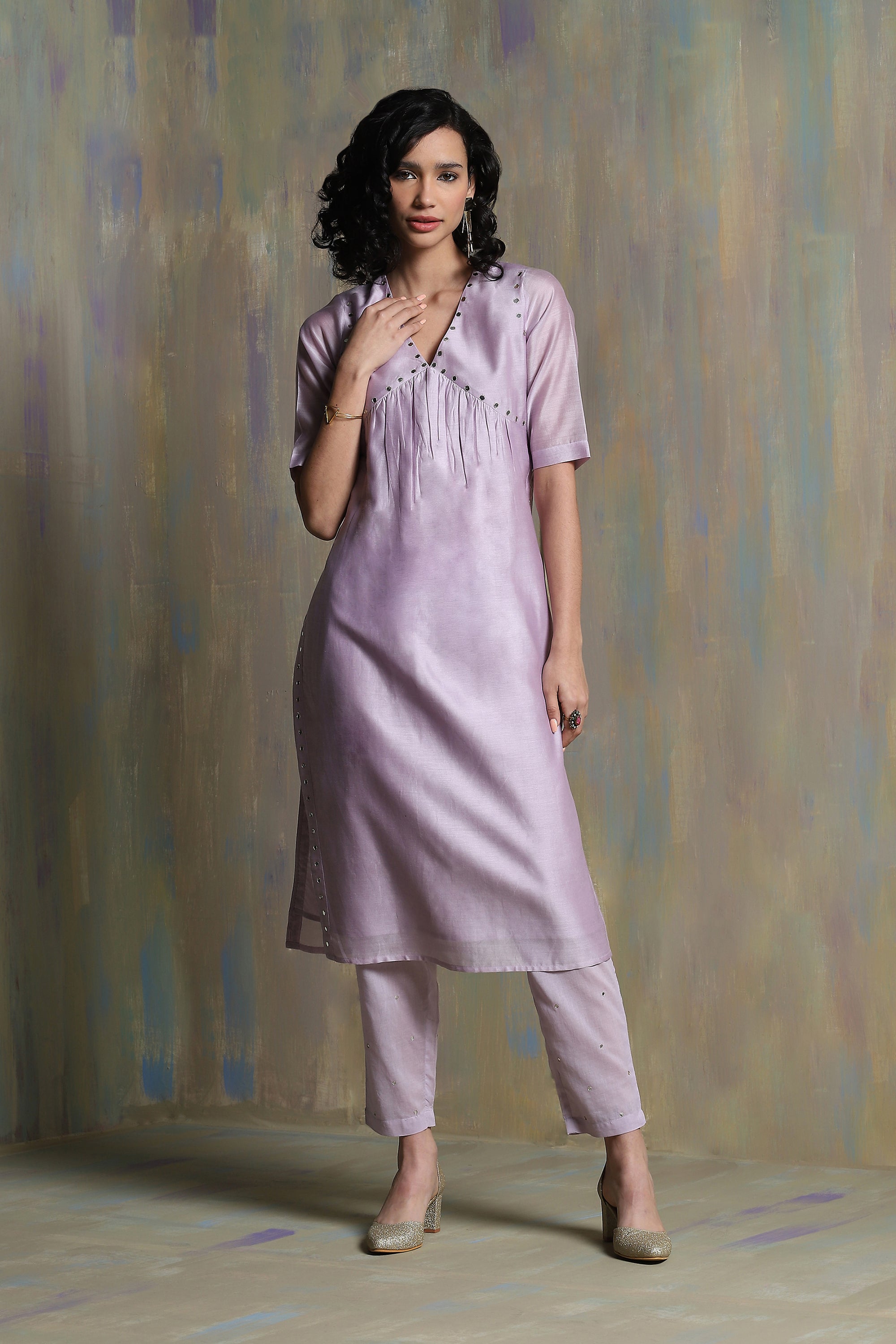 CY Charkhee Lilac High Slit Kurta Front 2