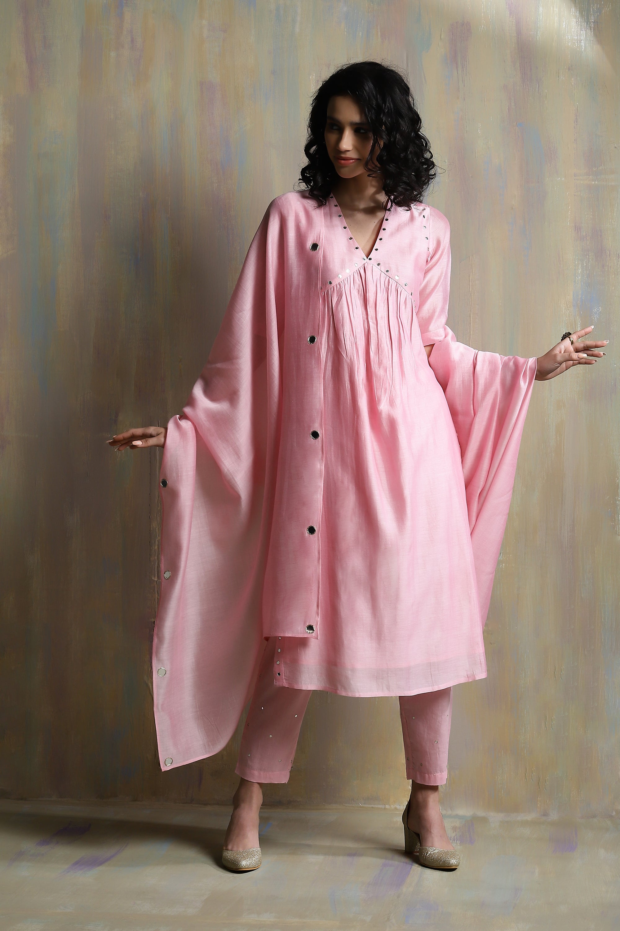 CY Charkhee Light Pink High Slit Kurta Front 1