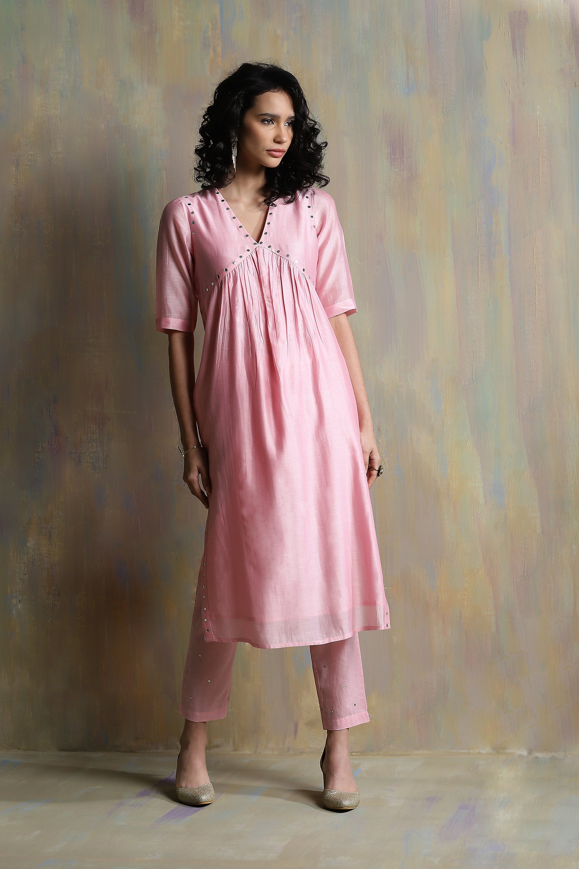 CY Charkhee Light Pink High Slit Kurta Front 2