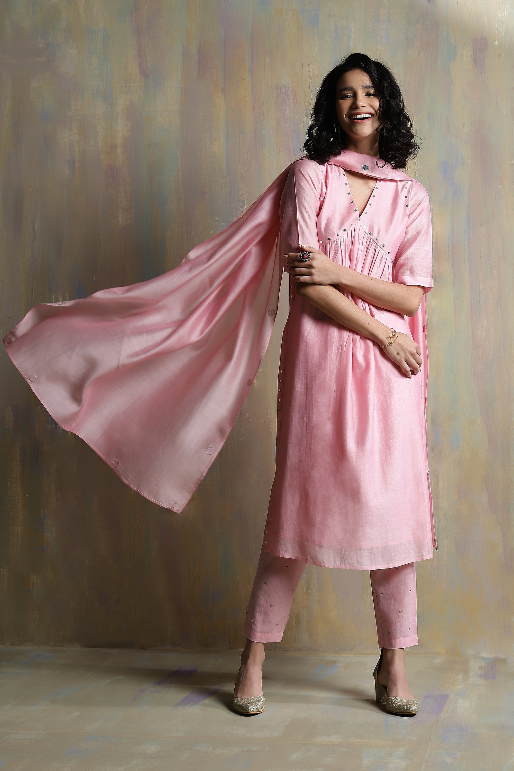 CY Charkhee Light Pink High Slit Kurta Front 3