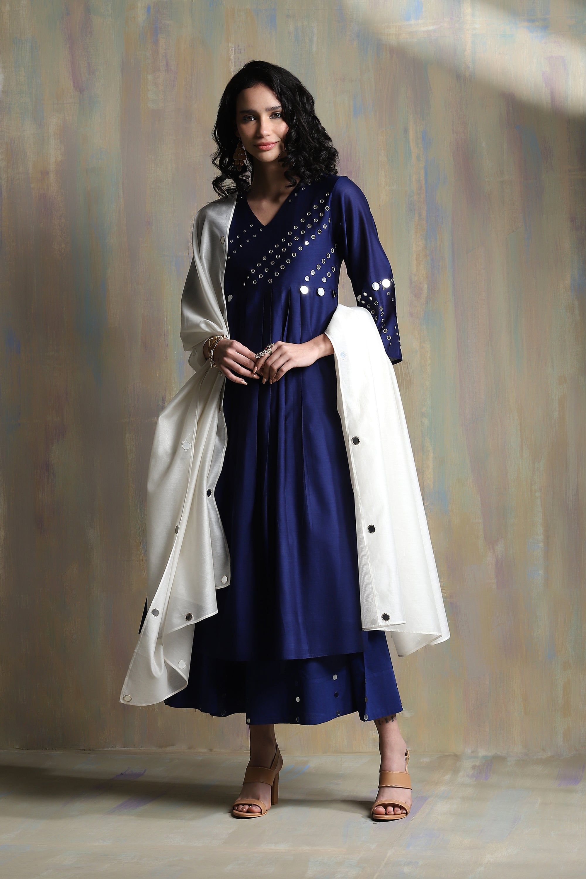 CY Charkhee Sapphire Blue Bell Sleeves Kurta With White Dupatta Front 1