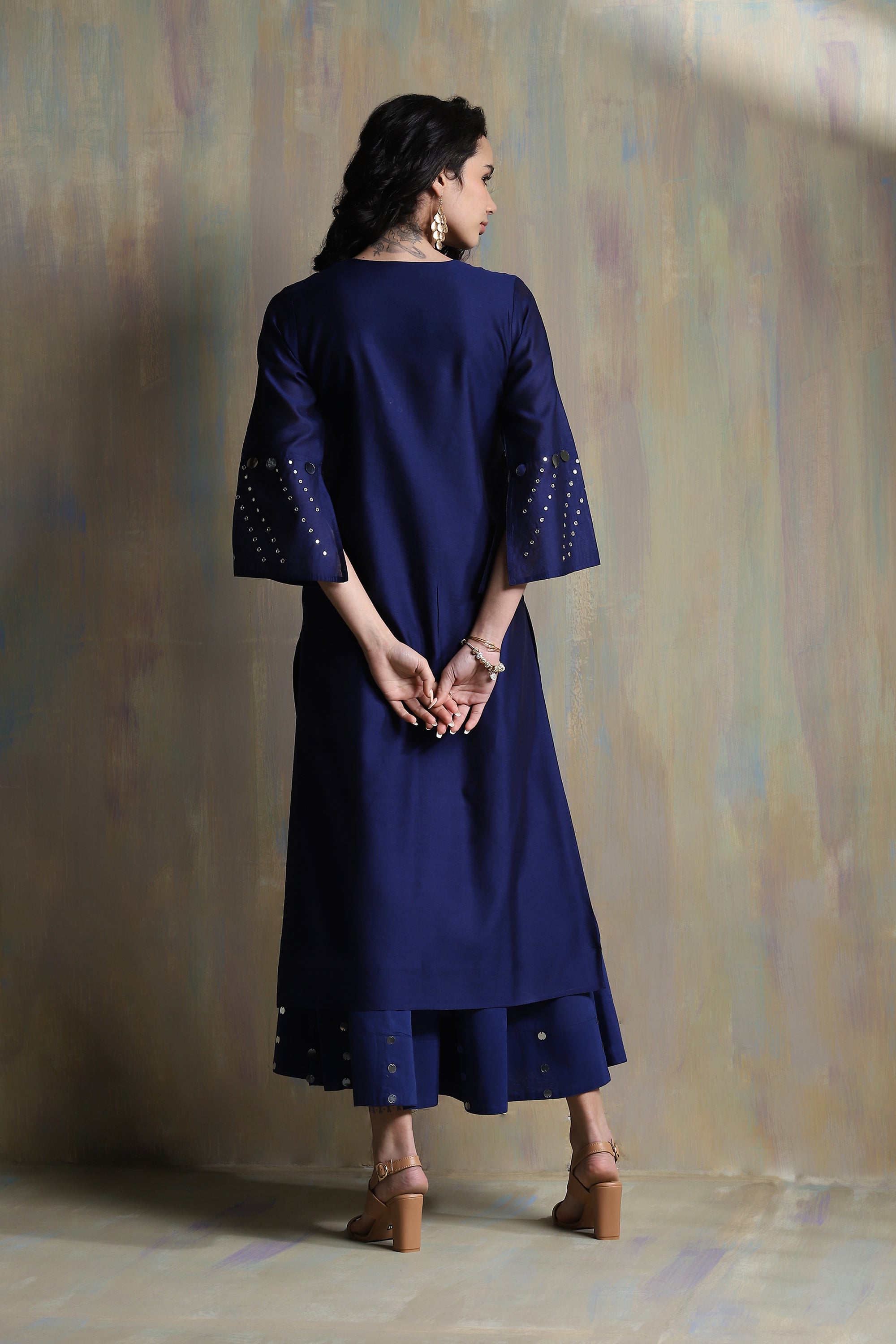 CY Charkhee Sapphire Blue Bell Sleeves Kurta Back 1