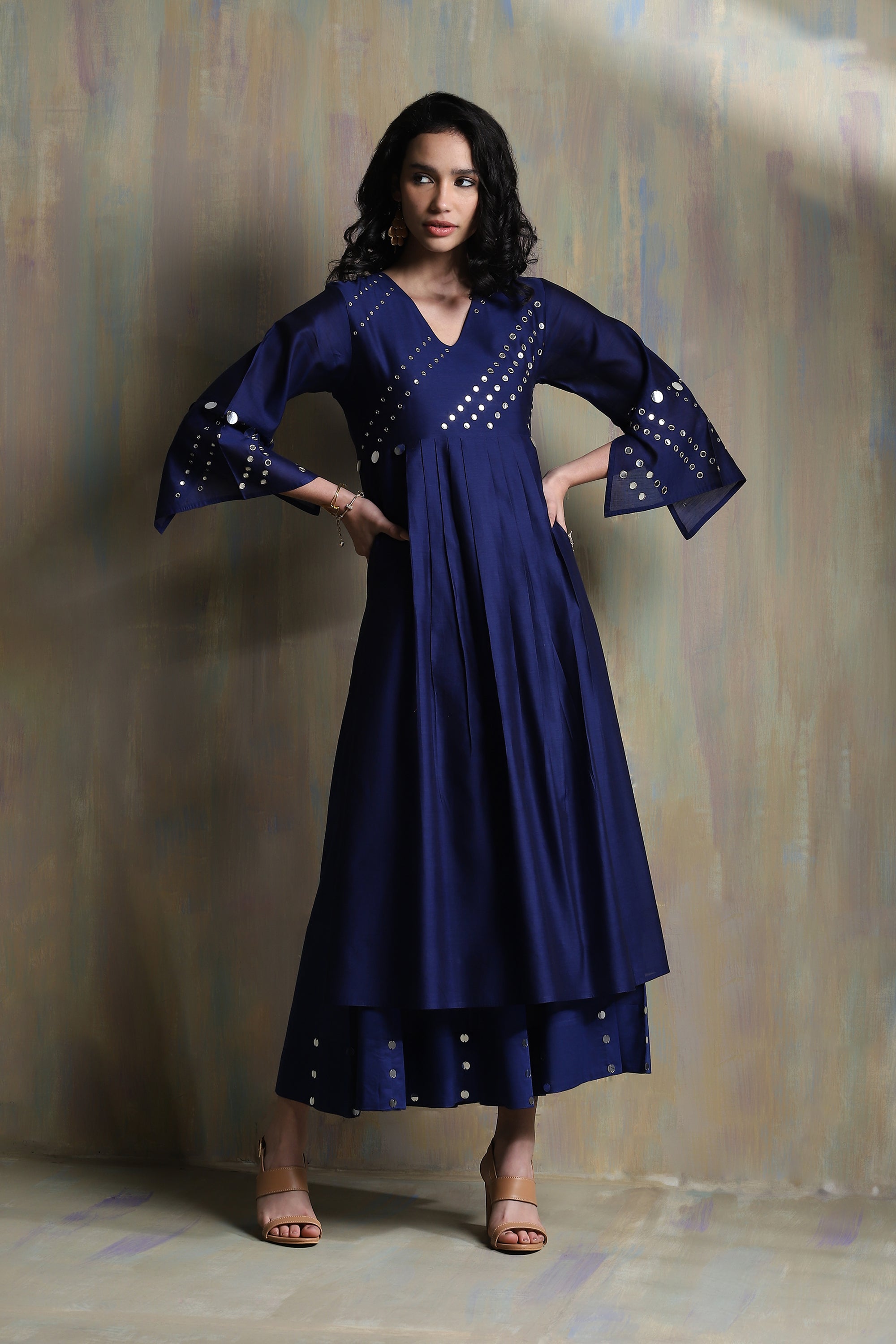 CY Charkhee Sapphire Blue Bell Sleeves Kurta Front 2