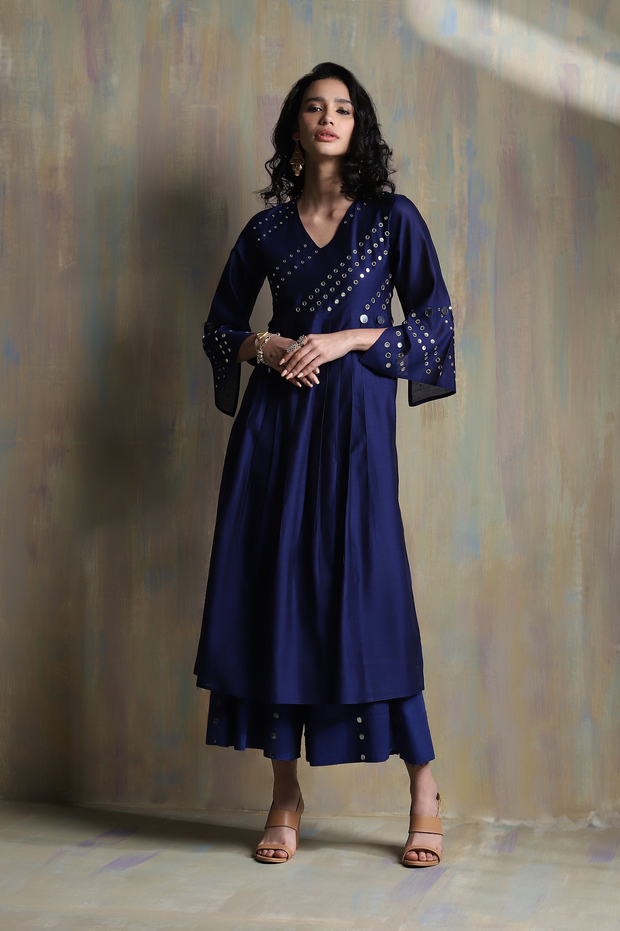 CY Charkhee Sapphire Blue Bell Sleeves Kurta Front 3