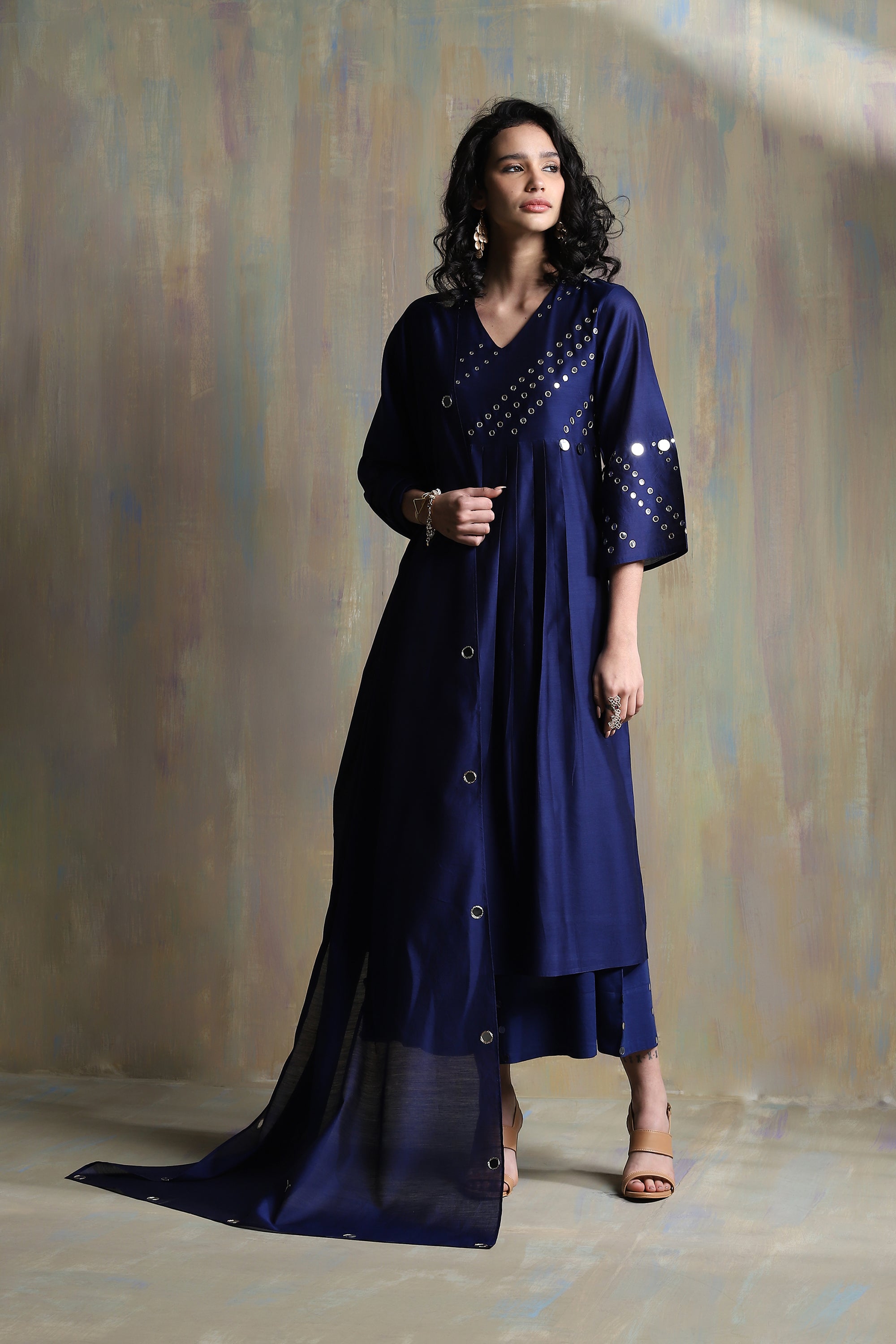 CY Charkhee Sapphire Blue Bell Sleeves Kurta Front 1