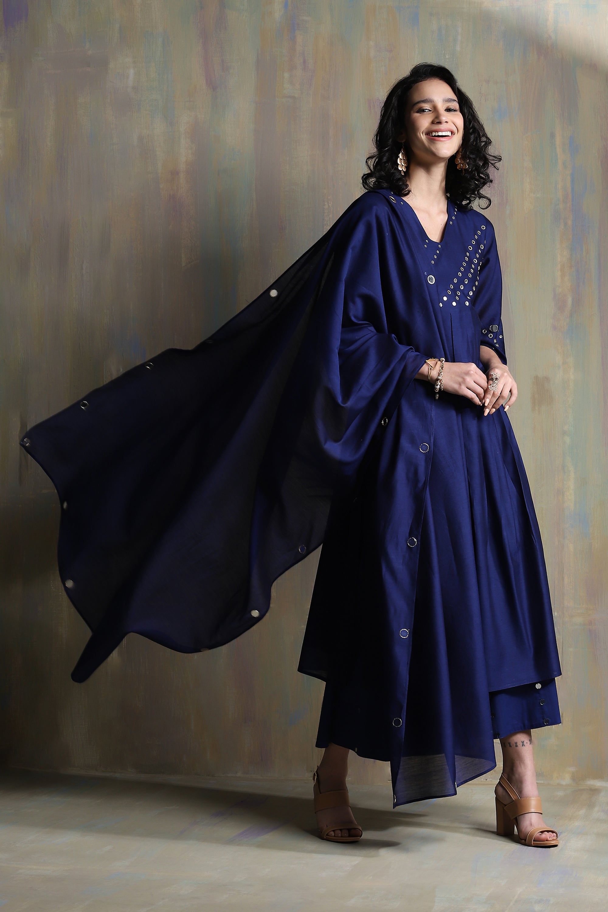 CY Charkhee Sapphire Blue Bell Sleeves Kurta Side 1