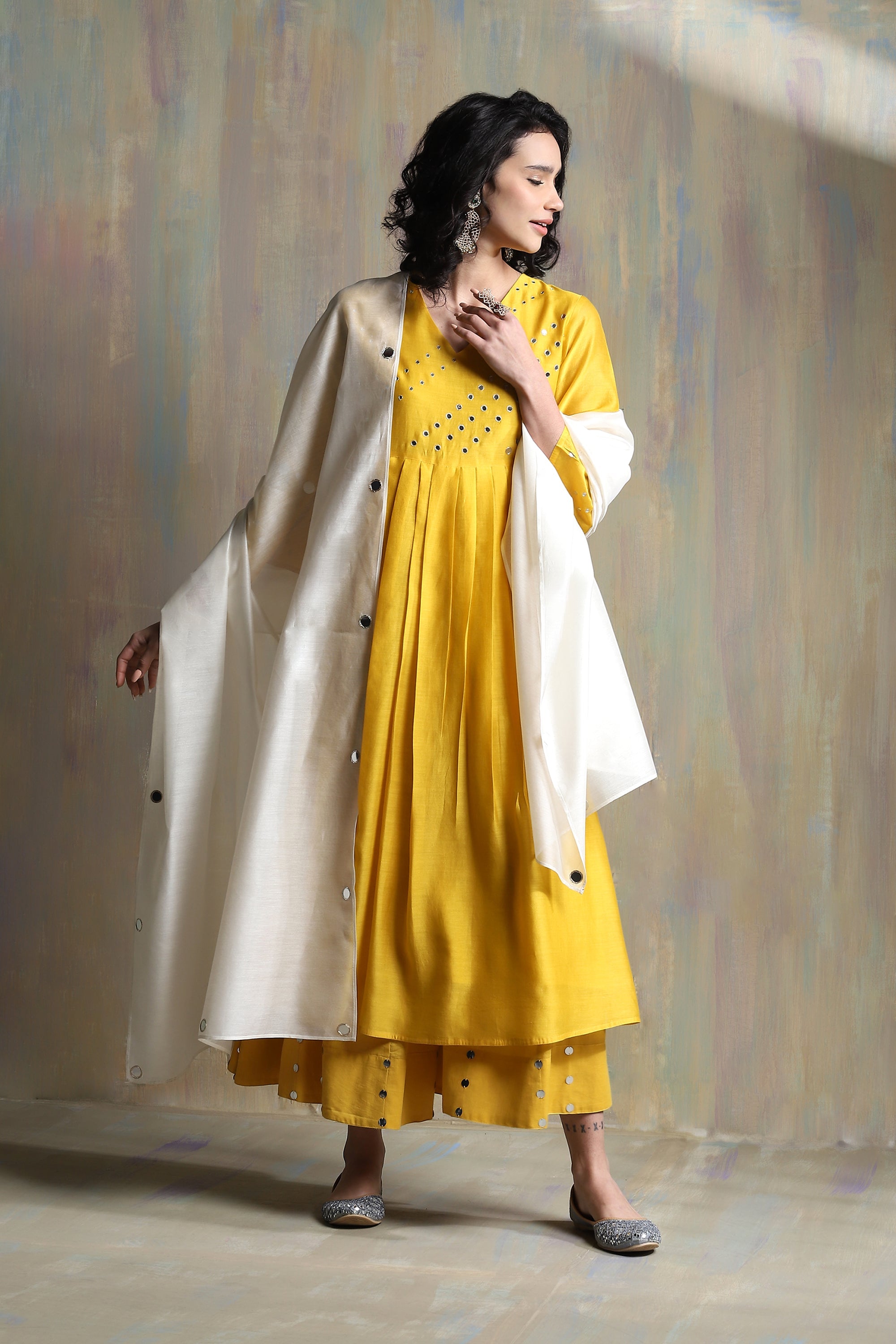 CY Charkhee Sunflower Yellow Bell Sleeves Kurta With White Dupatta Front 1