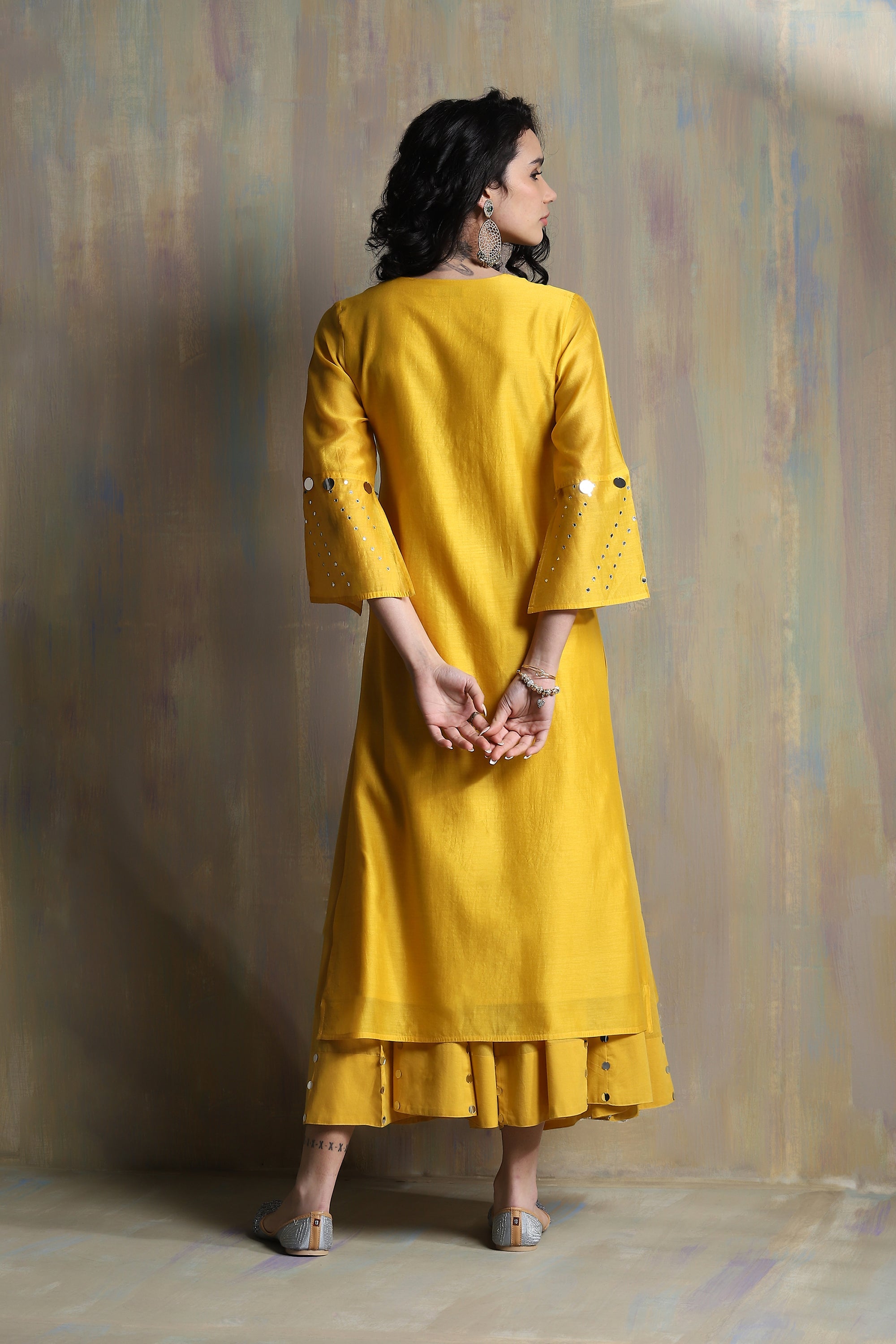 CY Charkhee Sunflower Yellow Bell Sleeves Kurta With White Dupatta Back 1