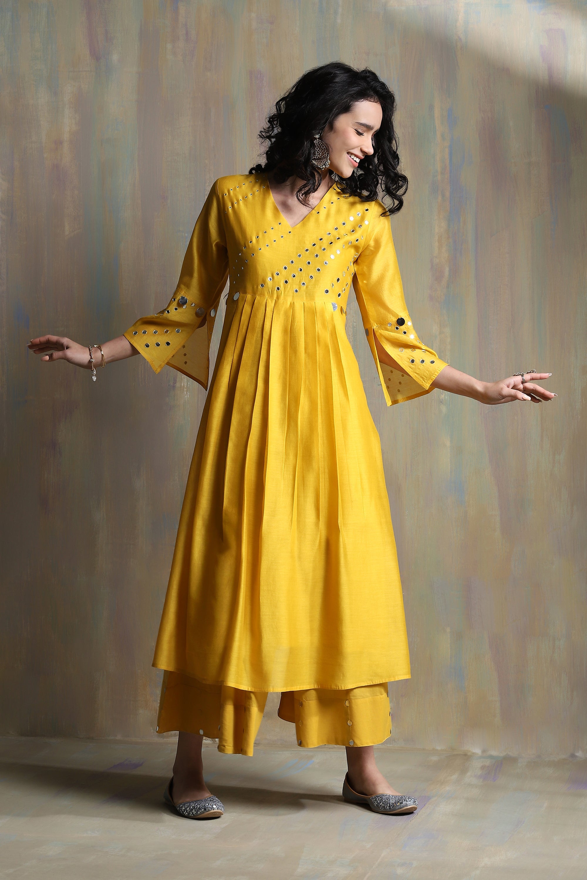 CY Charkhee Sunflower Yellow Bell Sleeves Kurta With White Dupatta Front 2