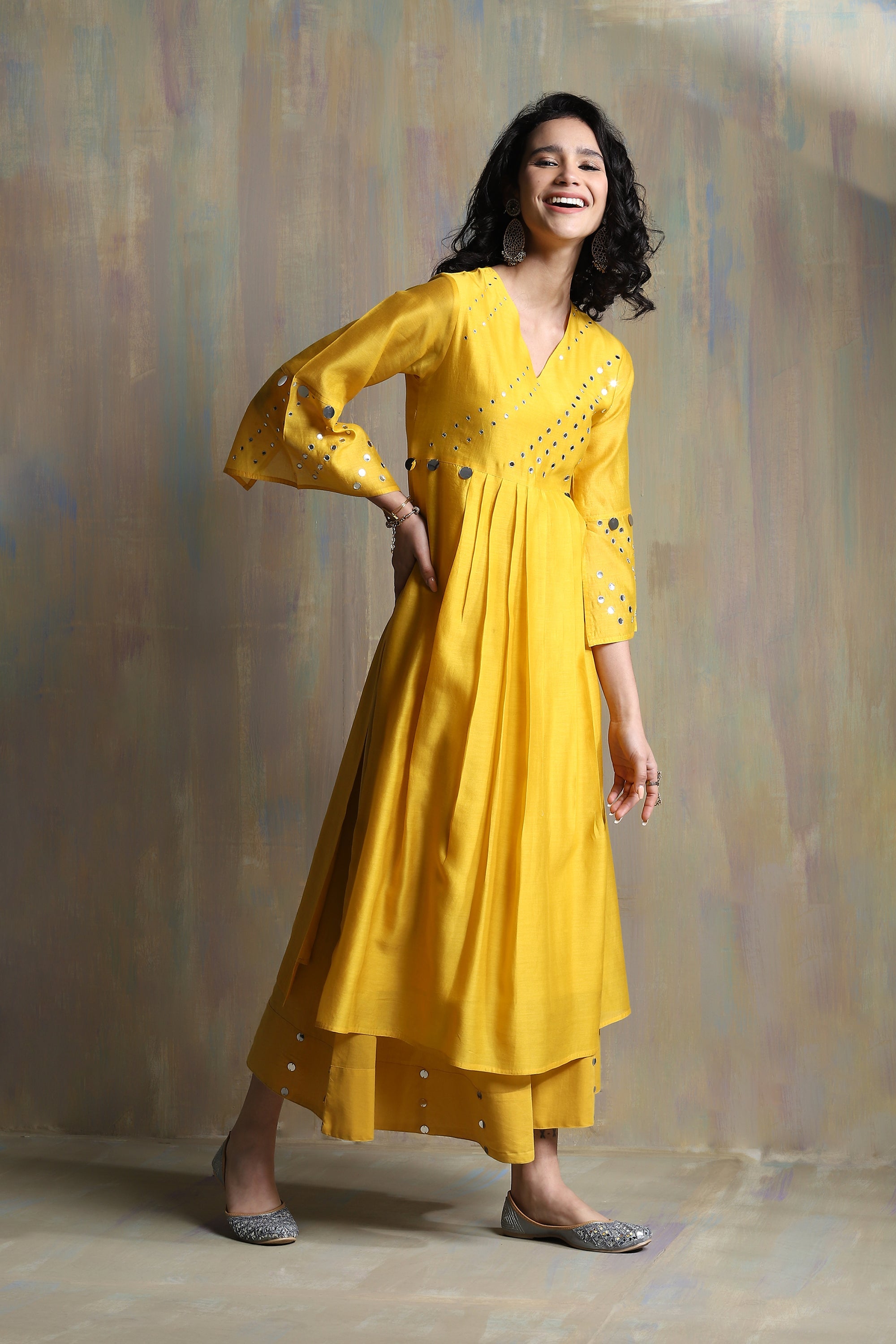 CY Charkhee Sunflower Yellow Bell Sleeves Kurta With White Dupatta Side 1