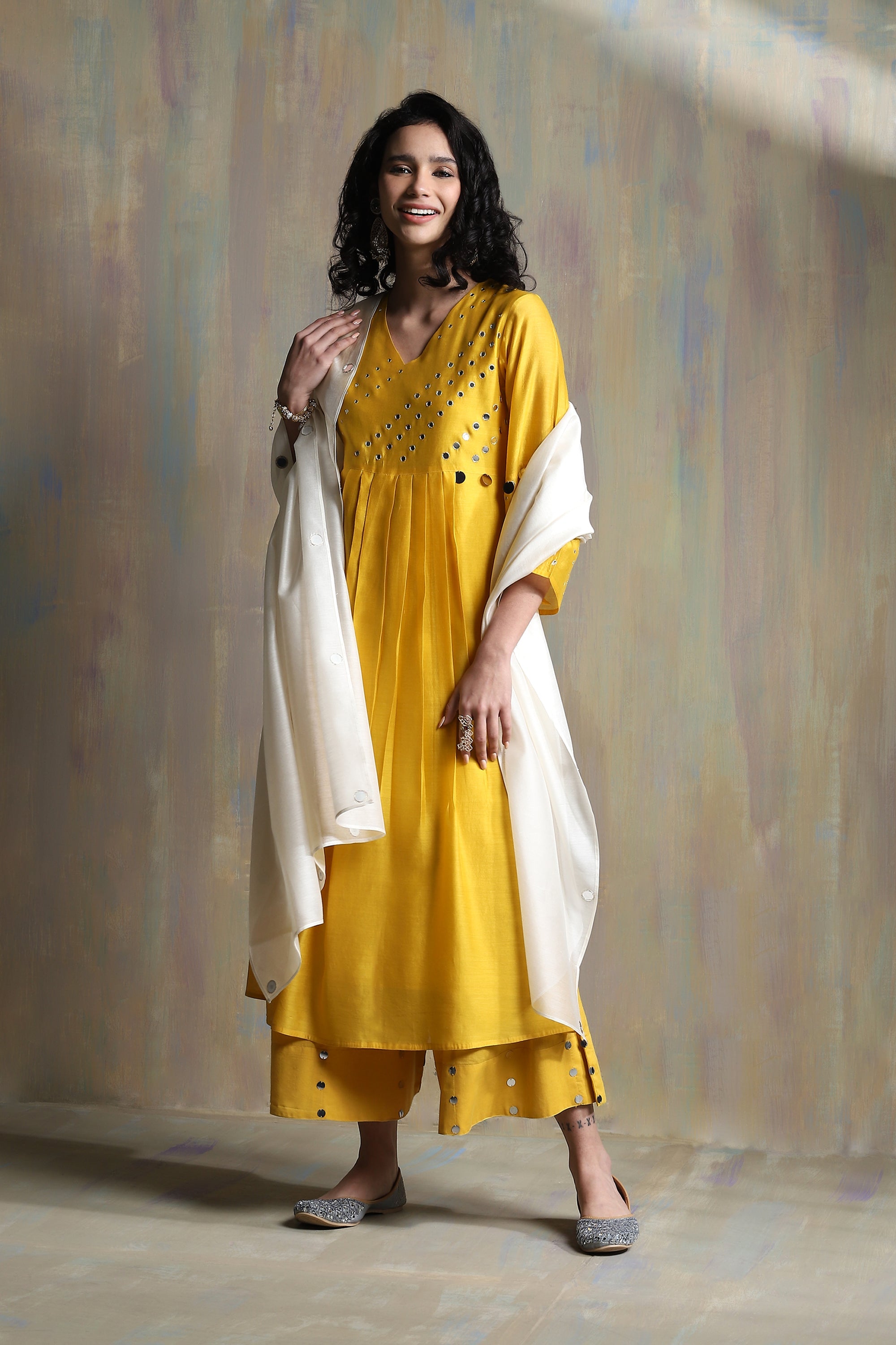 CY Charkhee Sunflower Yellow Bell Sleeves Kurta With White Dupatta Front 3