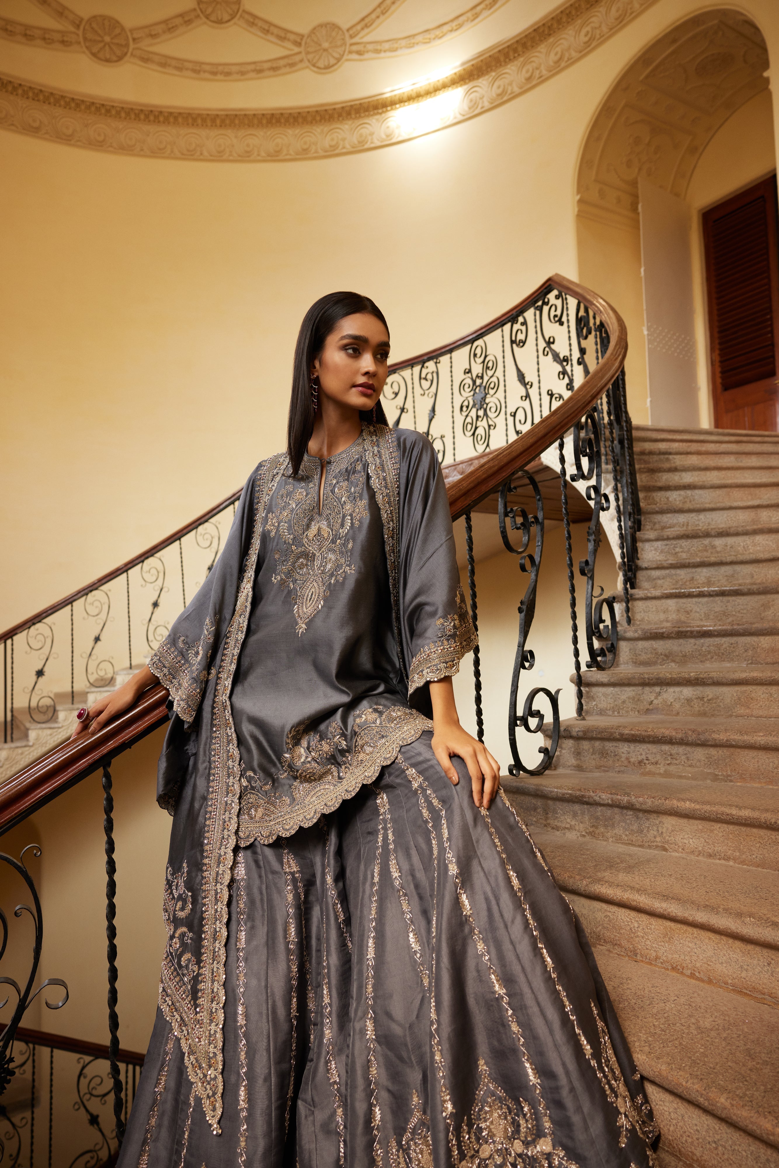 Teal Grey Sharara Cape Set