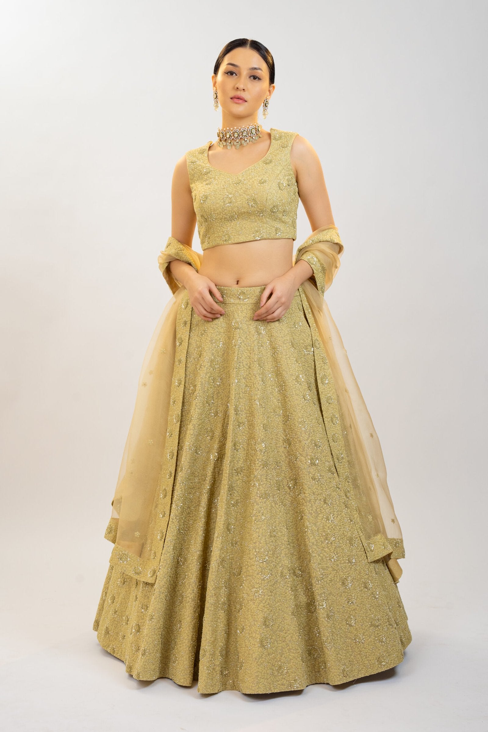 CY Kavita Agarwal Antique Gold Lehenga Set Front 1