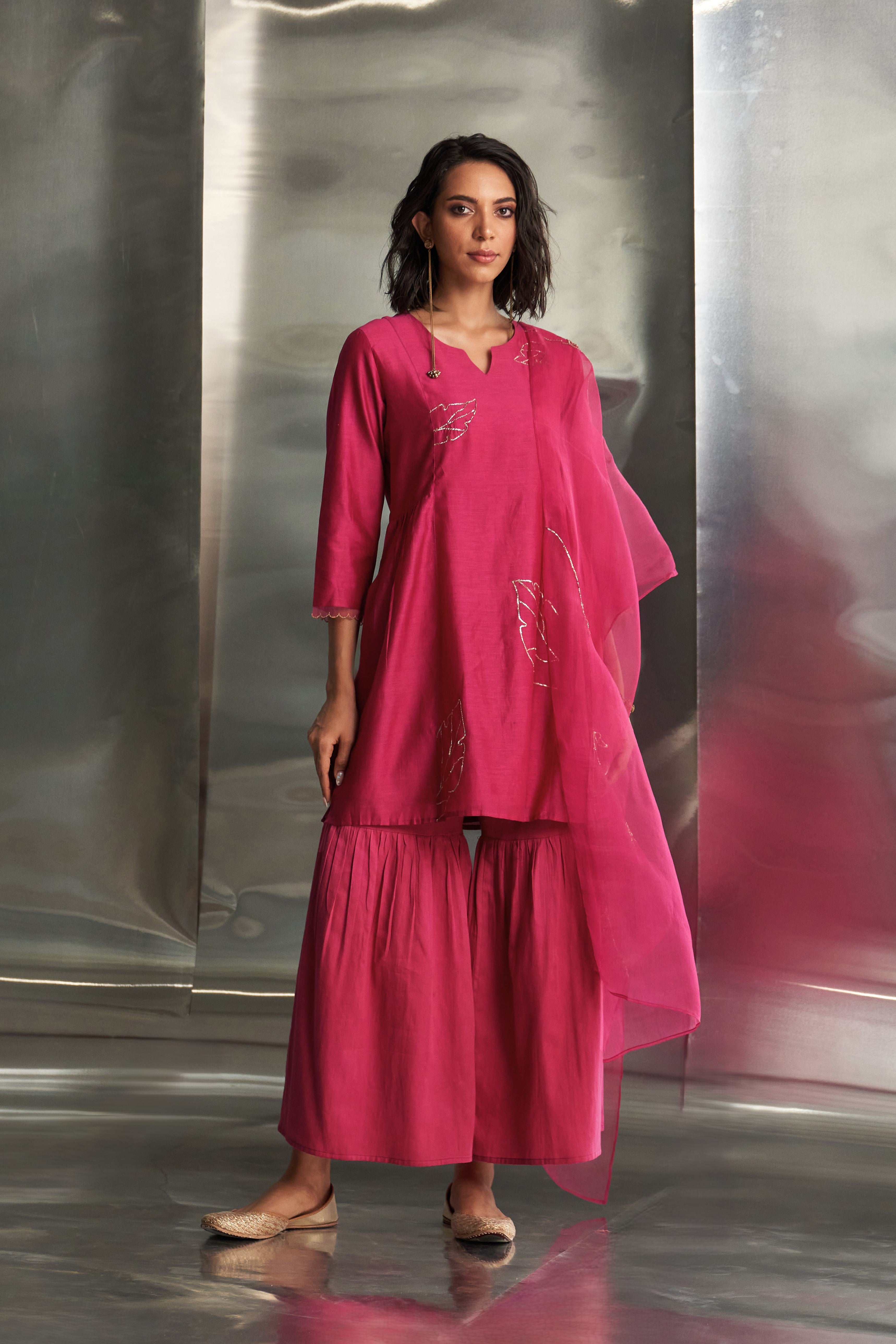 CY Charkhee Pop Pink Chanderi Sharara Set Front 1