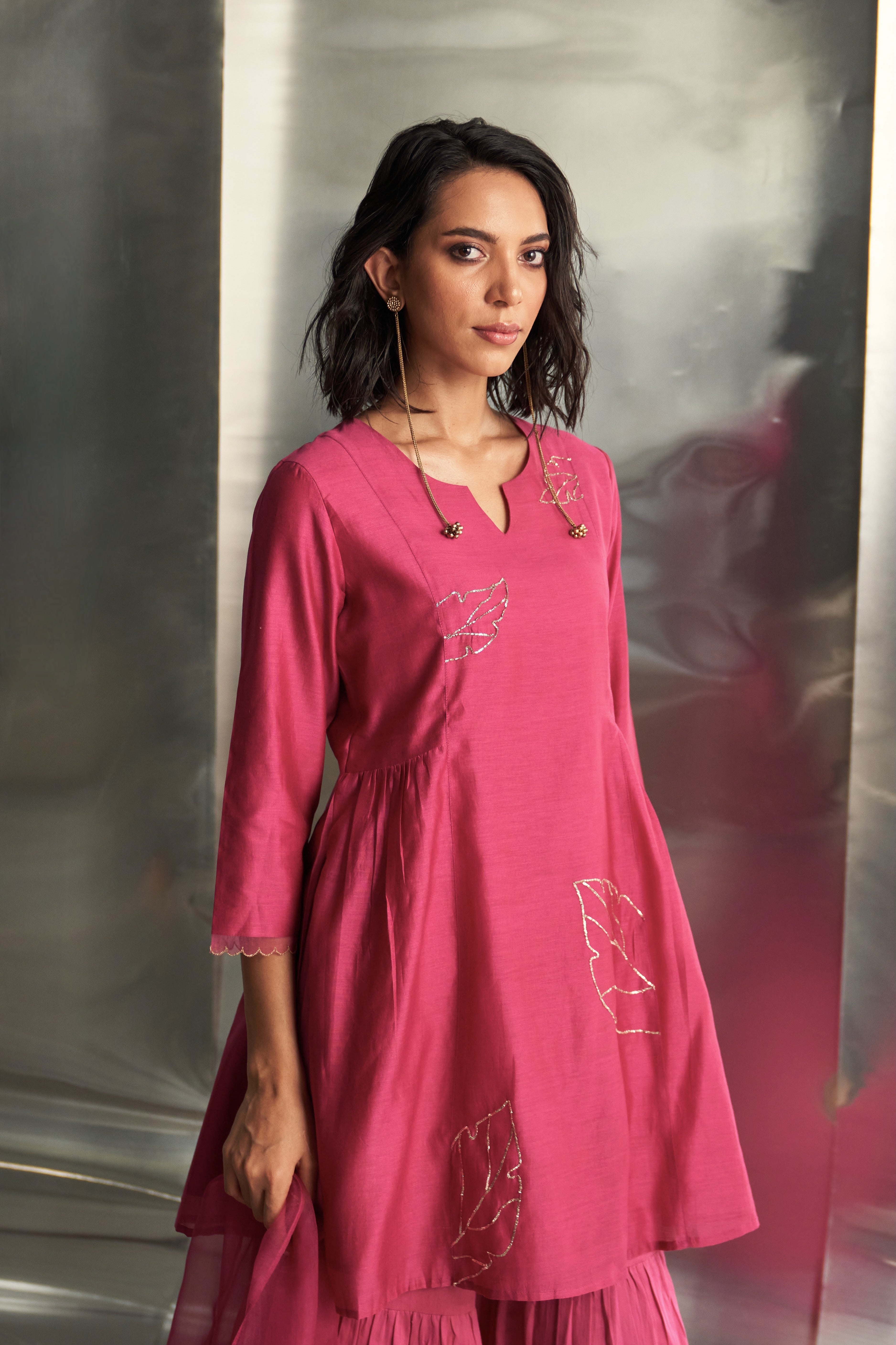 CY Charkhee Pop Pink Chanderi Sharara Set Closeup 2