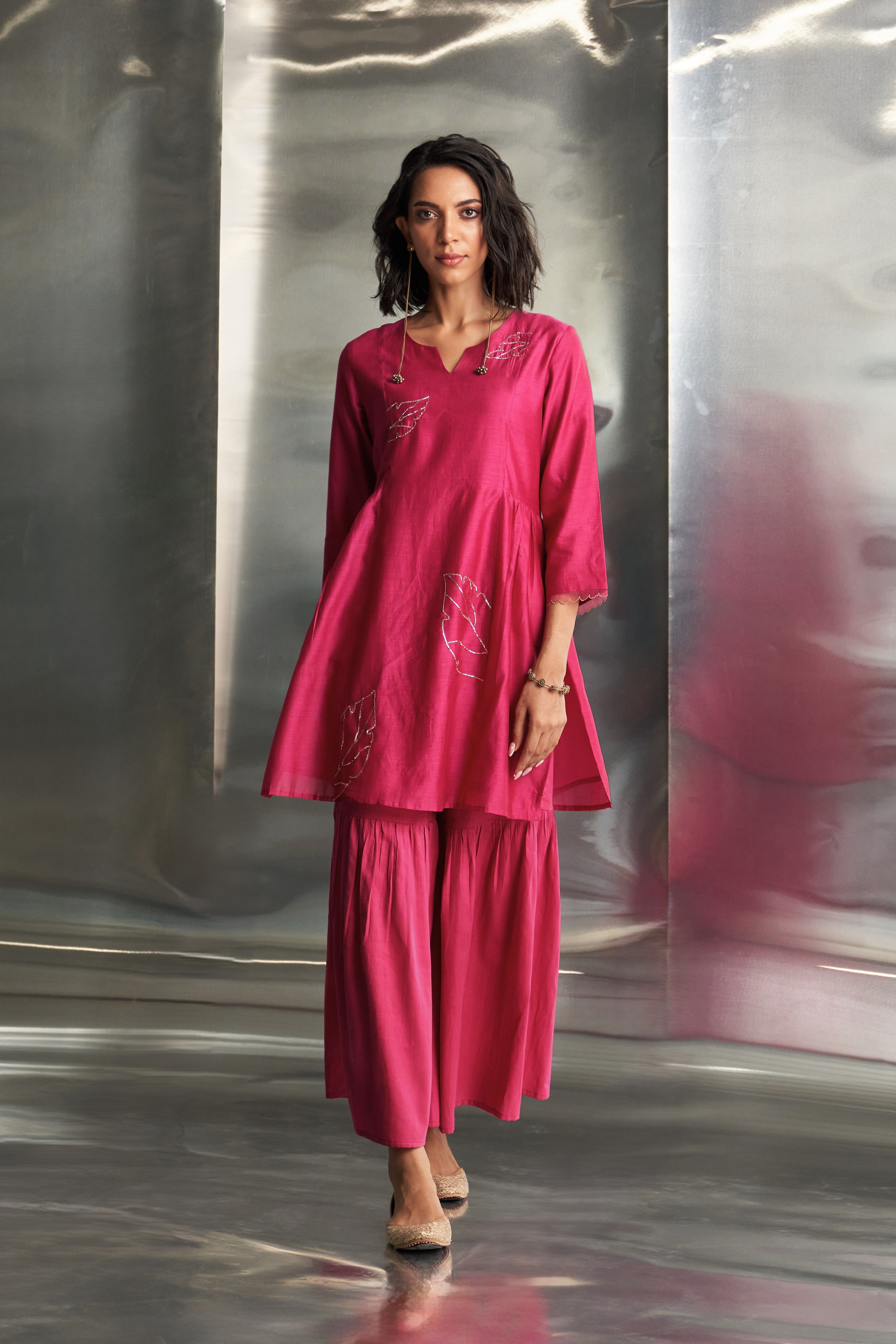 CY Charkhee Pop Pink Chanderi Sharara Set Front 2