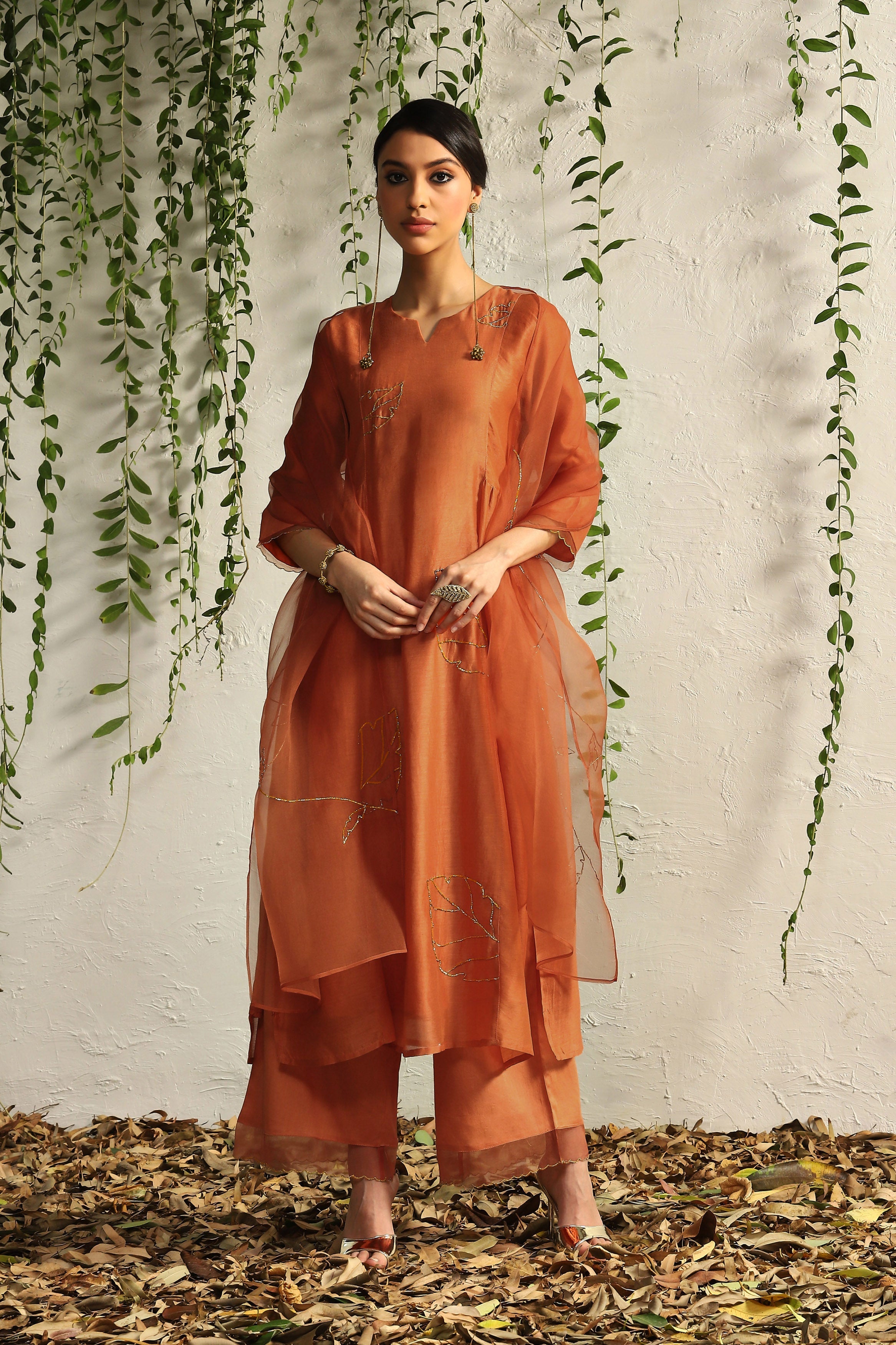 CY Charkhee Spice Orange Side Gathered Kurta Front 2