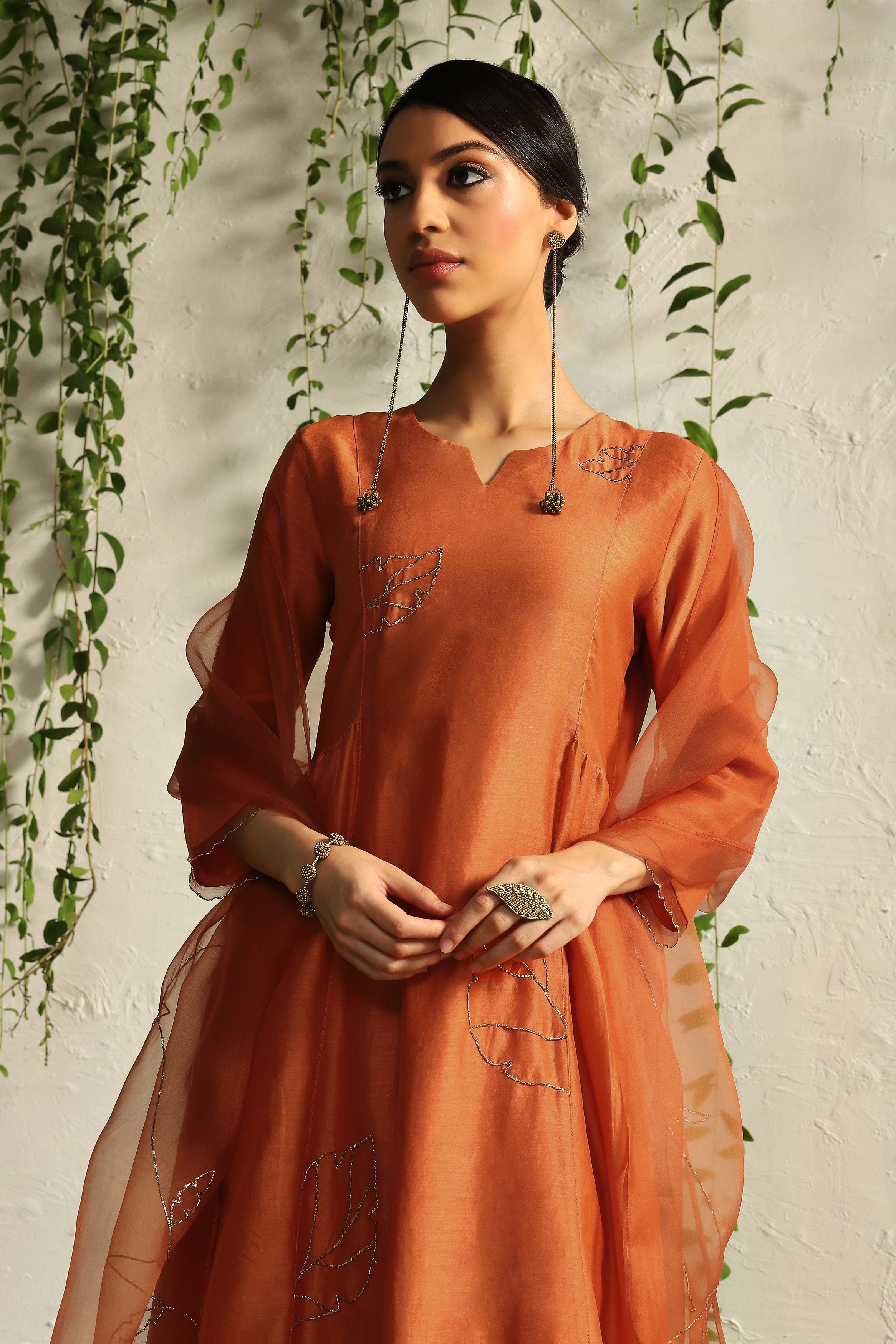 CY Charkhee Spice Orange Side Gathered Kurta Closeup 2